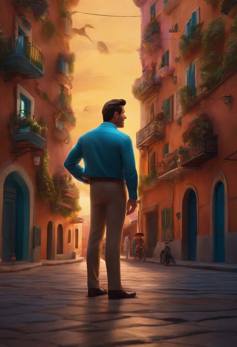 A city councilman looking at a dream project inspired by Pixar animation, estrechamente. El personaje toma el centro del escenario con expresiones faciales cautivadoras, Ofreciendo un toque de irrealidad
