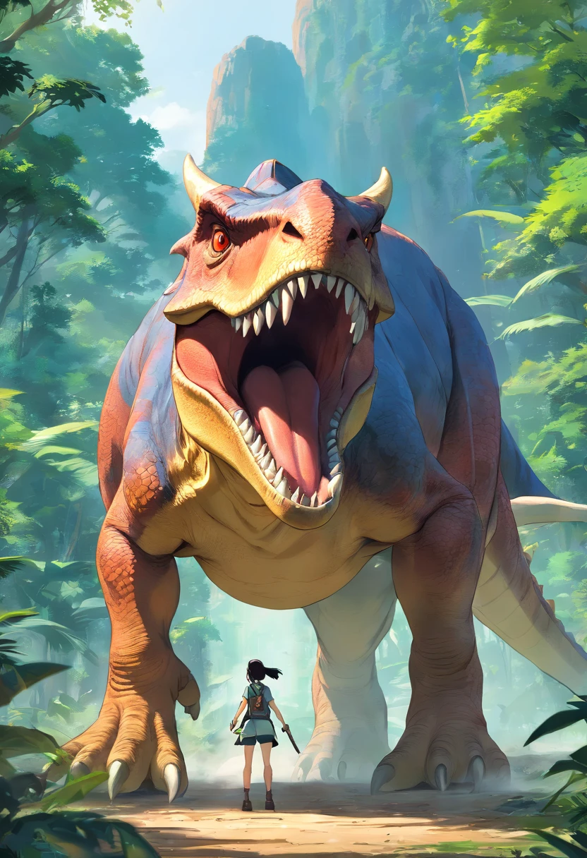 Tiranossauro rex vs. Triceratops Fierce Battle, (best quality, 4k, A high resolution, Ultra - Detalhado), luta feroz, Rugidos e chifres, Dusty prehistoric landscape, sombreado realista, vivid colors, (um detalhado, intricada, primoroso) Escamas e texturas de dinossauros, dynamic movements, (irado, determinado) The expression on the face of a dinosaur, (forte, musculoso) institution, dentes afiados e chifres, (Assa Grande, imponente) tamanho, (Dramatic, Dynamic) Iluminando, (forte, Energetic) Melhorar, (tension, anticipation) No ar,1 contra 1,Sangues,Hunting,Dose de defesa,Fight to the death