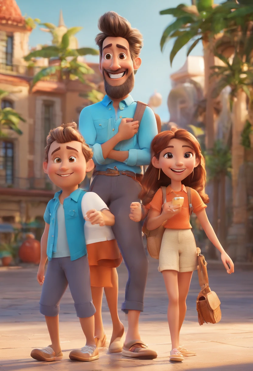 Cartoon of friends having fun on vacation together, 3D Animation Movie Poster, Poster de filme animado, pixar 3 d animation style, pixar renderman rendering, maia 8 mil, animated film, Disney Pixar Estilo 3D, amigos felizes saem juntos, all wearing light blue shirts and cream brown long pants, camisa azul clara, cream brown pants, ao ar livre, vacation, Disney Pixar Animation Poster