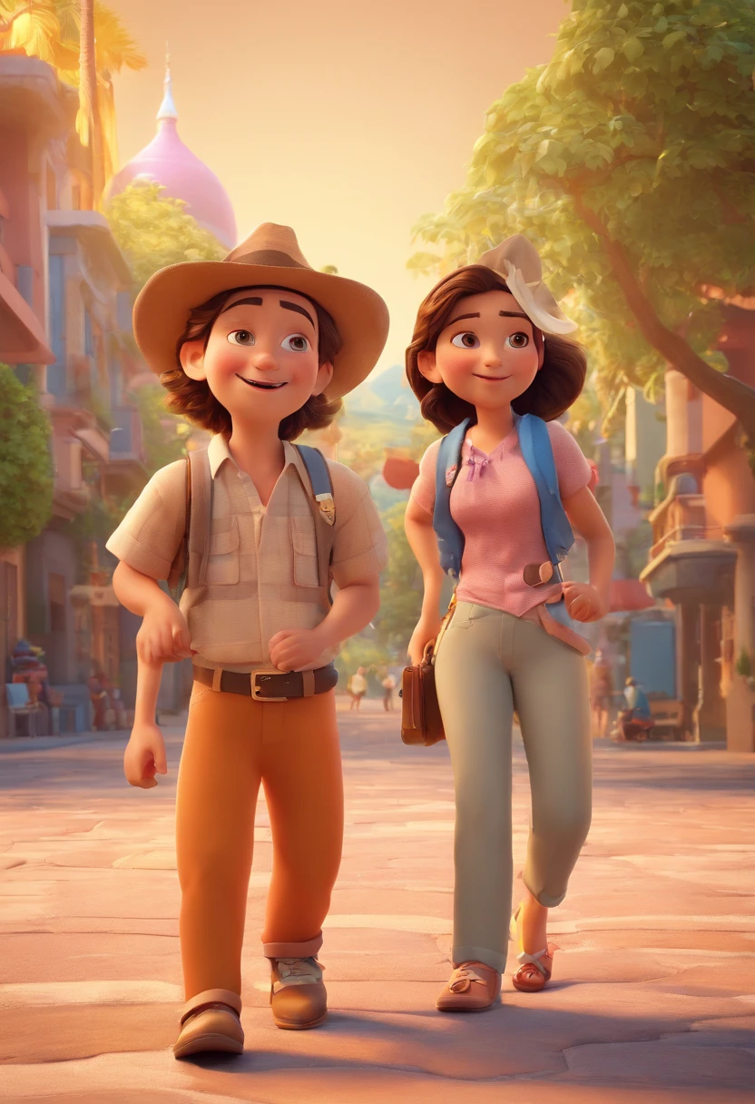 Cartoon of friends having fun on vacation together,  3D Animation Movie Poster, Poster de filme animado, pixar 3 d animation style, pixar renderman rendering, maia 8 mil, animated film, Disney Pixar Estilo 3D, amigos felizes saem juntos, all wearing light blue shirts and cream brown long pants, camisa azul clara, cream brown pants, ao ar livre, vacation, Disney Pixar Animation Poster
