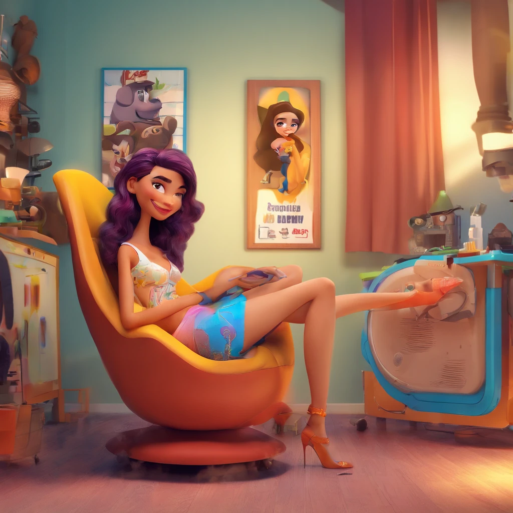 create a 3D movie poster inspired by Disney Pixar, The scene should be in Pixar's signature digital art style, com uma imagem caricatural que lembra a cantora brasileira "Anita" in the prone position, Wearing a bikini while a tattoo artist is sitting tattooing with a giant ring on one hand, inside a tattoo parlor.