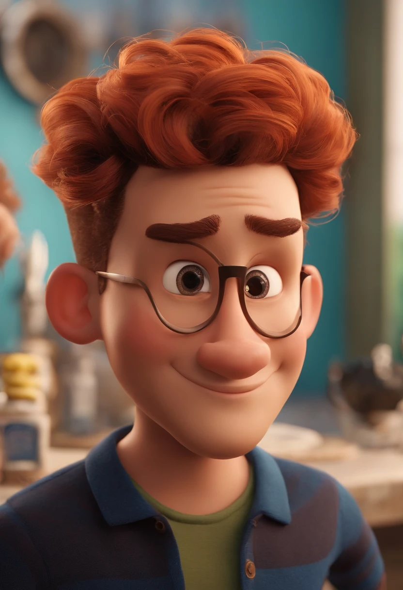 A Dream Barber Inspired by Pixar Animation, de perto. The character takes center stage with captivating facial expressions, oferecendo um toque de irrealidade, Cabelo curto e gordinho gradiente