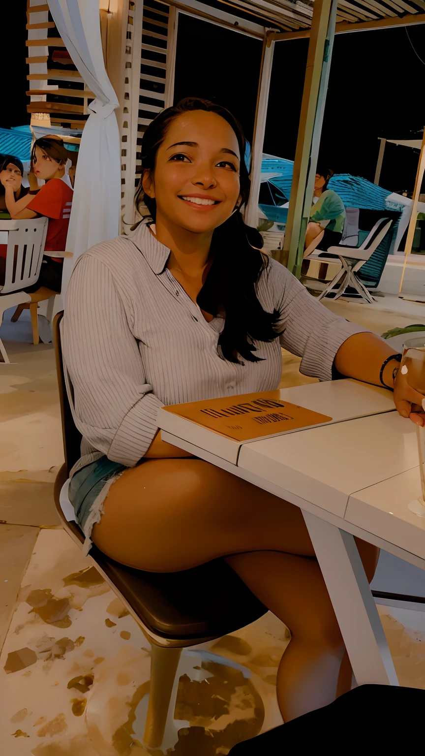 Smiling woman sitting at a desk with a laptop computer on it, sentado em uma mesa, 3 0 anos de idade mulher, Mulher de 30 anos, sentado no bar, sentado em uma mesa, sentado em um bar, Mulher de 30 anos de Cuba, sitting on table, sentado em uma mesa cor de mocha, sentado na mesa