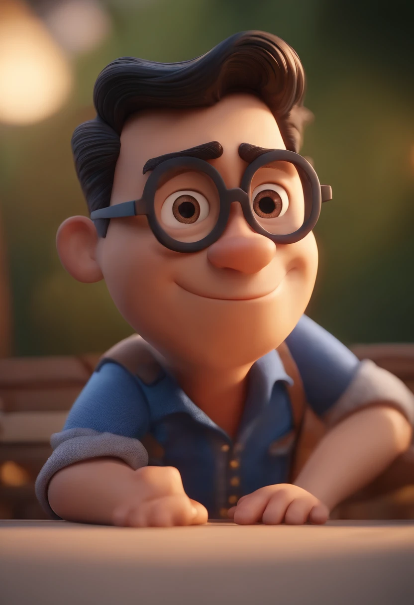 Cartoon character of a man wearing black glasses and a blue shirt, um personagem animado, Caractere estilizado, animation style rendering, 3D estilizado, Arnold Maya render, 3 d render stylized, toon render keyshot, Personagem 3D, Personagem 3D, 3d rendering stylized, 3 d character render, personagem de desenho animado, Personagem de close up, Pose de personagem, (Estilo Pixar) (master part:1.2) (Bokeh) (best quality) (pele detalhada) (textura detalhada) (8k) (argila) (Cinematic lighting) (foco nítido,Senta e vaza a parte superior do corpo