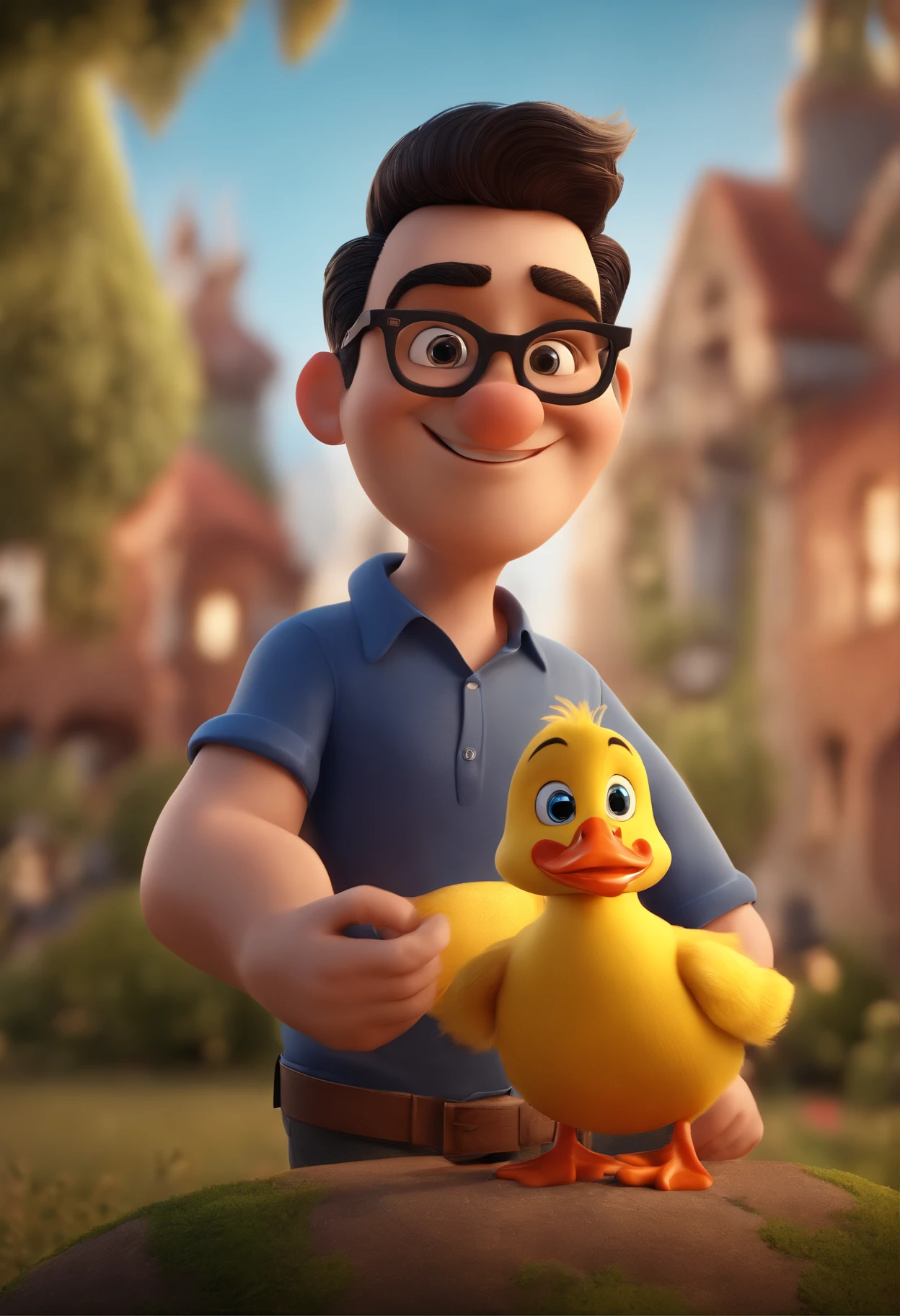 Cartoon character of a man with black glasses, straight black hair, duckling face and a blue shirt, animation character, Caractere estilizado, animation style rendering, 3D estilizado, Arnold Maya render, 3 d render stylized, toon render keyshot, Personagem 3D, Personagem 3D, 3d rendering stylized, 3 d character render, personagem de desenho animado, Personagem de close up, Pose de personagem, (Estilo Pixar) (master part:1.2) (Bokeh) (best quality) (pele detalhada) (textura detalhada) (8k) (argila) (Cinematic lighting) (foco nítido