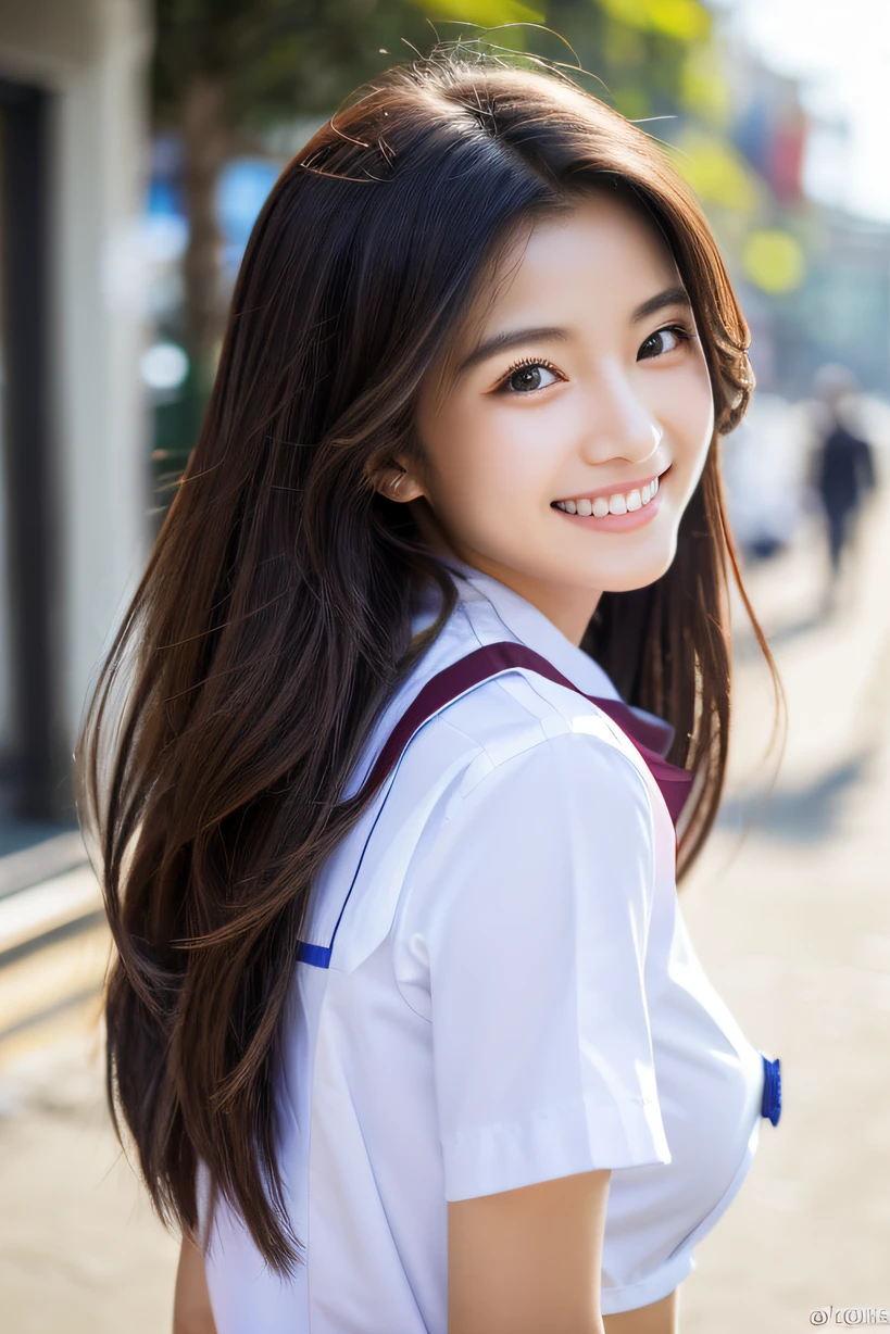 1 Girl in the beach at noon、walking in the street、Walking、Gaze to the side、A delightful、Beautie、Tremendously beautiful、dual、A slender、a smile、The long-haired, high quality image, high resolution in detail, try-x, ISO1600, super realistic photo, fine skins, fine hair, 200mm lens, bust shot, school uniform, realistic eyes, realistic teeth, bare waist, best quality,nipples slightly seen through the uniform