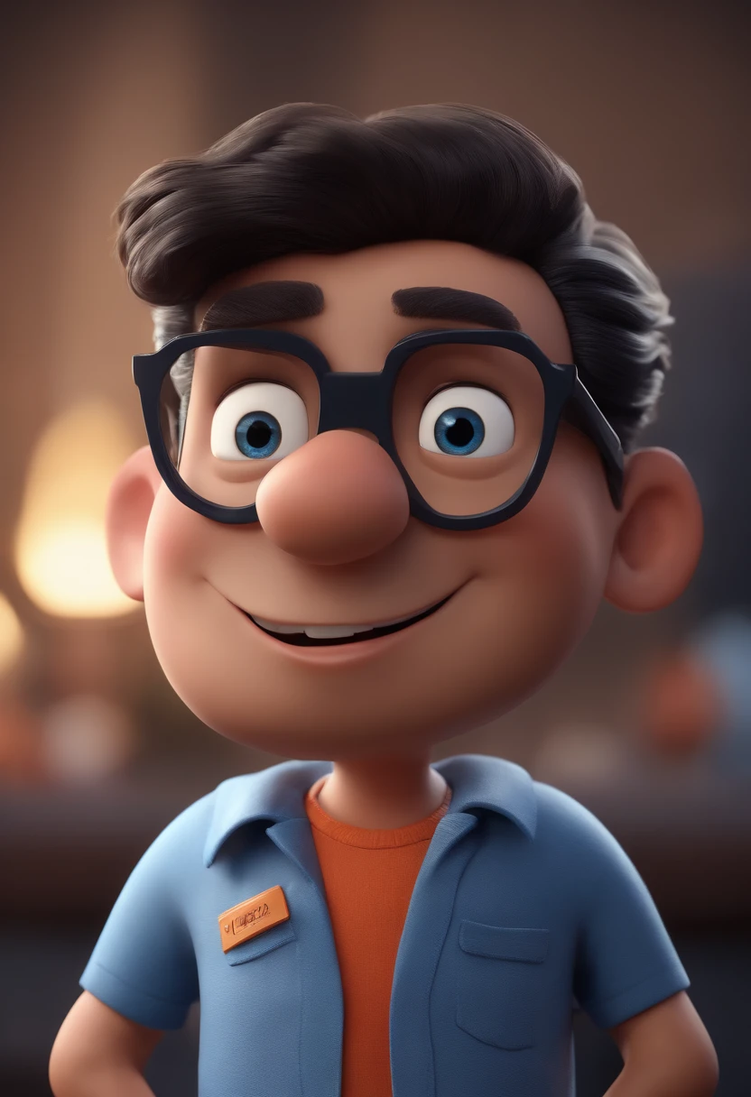 Cartoon character of a man with black glasses and a blue shirt, animation character, Caractere estilizado, animation style rendering, 3D estilizado, Arnold Maya render, 3 d render stylized, toon render keyshot, Personagem 3D, Personagem 3D, 3d rendering stylized, 3 d character render, personagem de desenho animado, Personagem de close up, Pose de personagem, (Estilo Pixar) (master part:1.2) (Bokeh) (best quality) (pele detalhada) (textura detalhada) (8k) (argila) (Cinematic lighting) (foco nítido