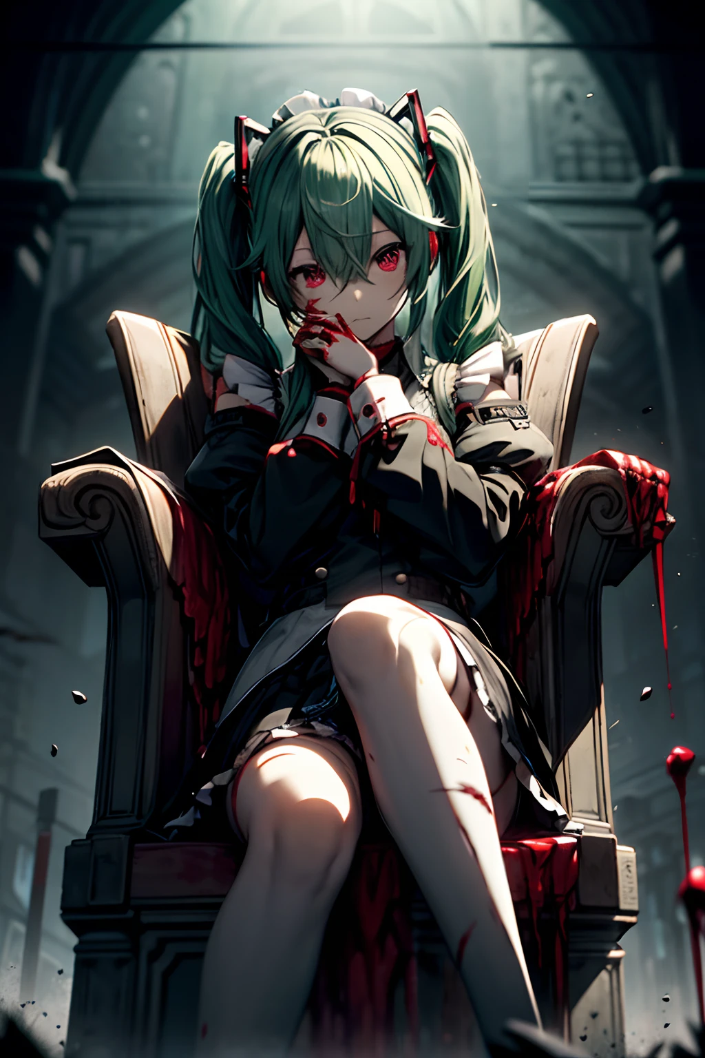 (depth of field:1.4),(blur:1.3),(night:1.4),(dark:1.4),(very detailed:1.4),(high resolution:1.1),
(Sinister, ghostly theater stage with bloodstains that seep through the floorboards during performances.:1.2),
1girl,(glowing Mint Green eyes:1.3),(Rusted hairpin with flowers and bloodied white dress:1.3),
(Clutching a wicked-looking whip with a malevolent grin.:1.3),