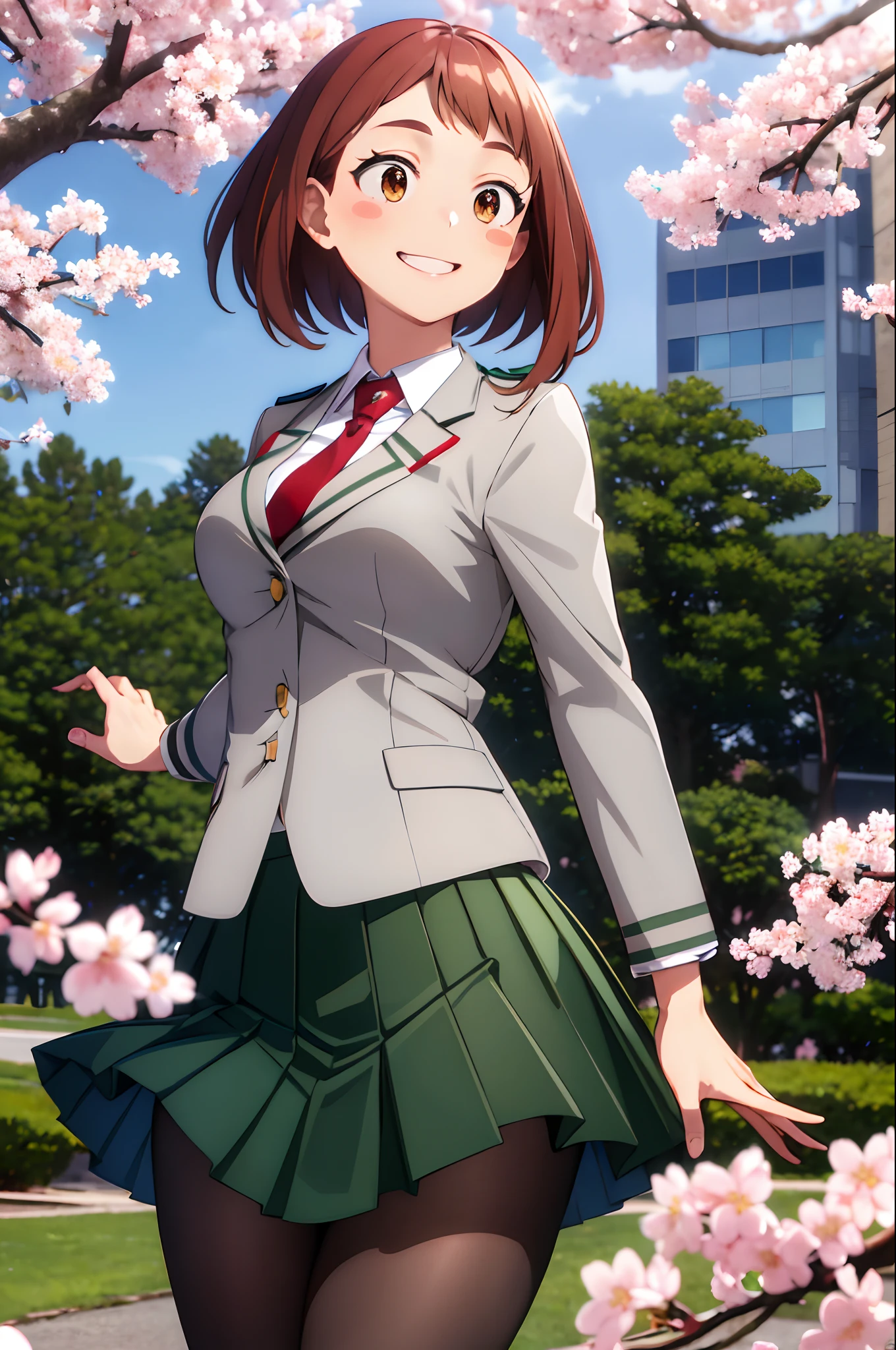 masterpiece, best quality, highres, hmochako, blush stickers, short hair, medium breasts. school uniform, green skirt, pleated skirt, red necktie, black pantyhose, white shirt, long sleeves, grey jacket, reaching out, smile, cherry blossoms, outdoors, cowboy shot, medium breasts