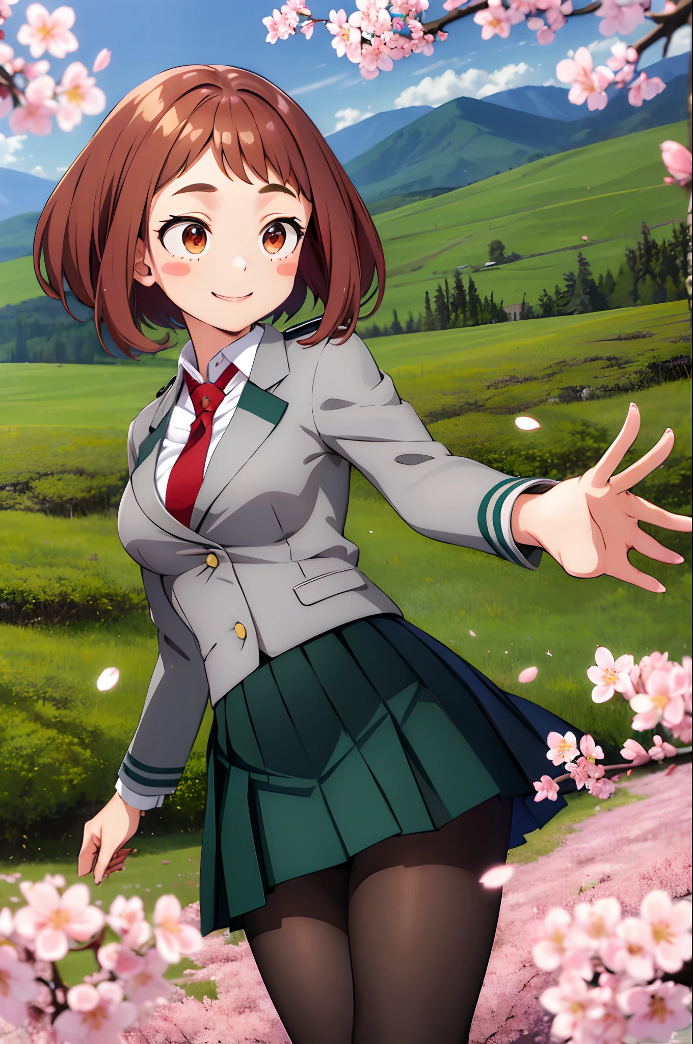 masterpiece, best quality, highres, hmochako, blush stickers, short hair, medium breasts. school uniform, green skirt, pleated skirt, red necktie, black pantyhose, white shirt, long sleeves, grey jacket, waving, smile, open mouth, outdoors