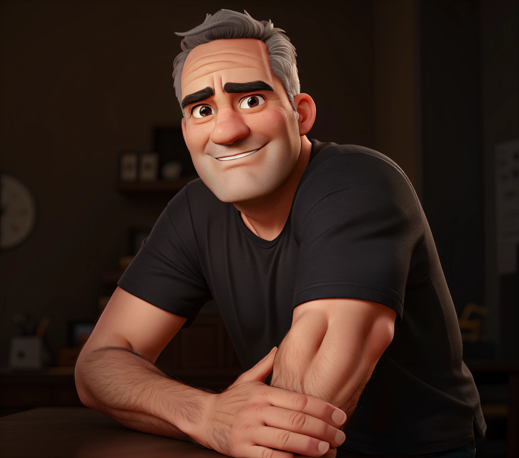 front view ultra detailed, 54-year-old man, with short gray hair, thick eyebrows. wearing a black shirt