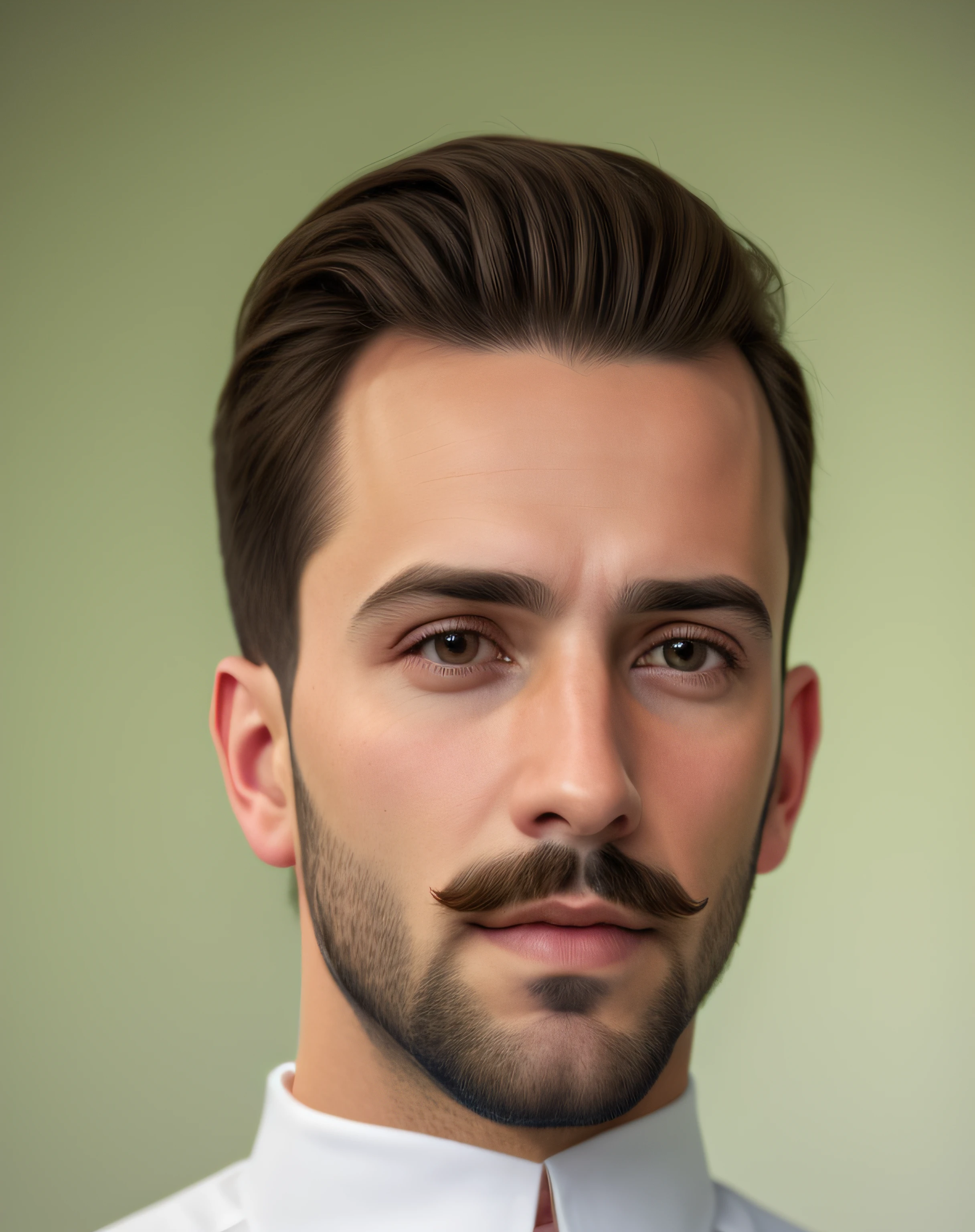 There's a man with a short mustache, sem barba, rosto liso, barba feita, sem gravata, camisa futurista com gola branca alta, bonito impressionante realista, rosto realista detalhado, rosto realista altamente detalhado, estilo hiper realista, retrato de rosto detalhado realista, Realistic portrait, retrato de arte digital, digital illustration portrait, realismo artstyle, estilo de arte fotorrealista, retrato de alta qualidade, retrato estilizado, retrato realista da foto, rosto detalhado realista, retrato fotorrealista