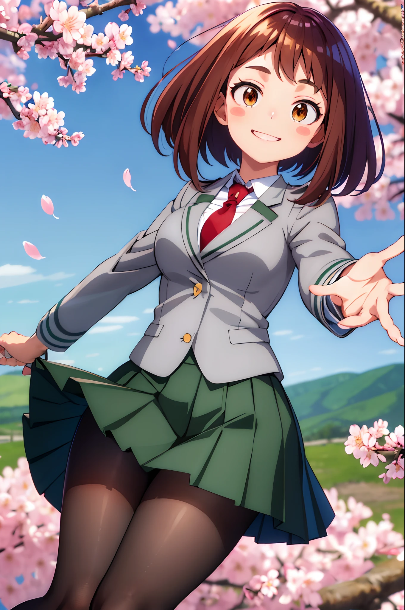 masterpiece, best quality, highres, hmochako, blush stickers, short hair, medium breasts. school uniform, green skirt, pleated skirt, red necktie, black pantyhose, white shirt, long sleeves, grey jacket, reaching out, smile, cherry blossoms, outdoors, cowboy shot, medium breasts