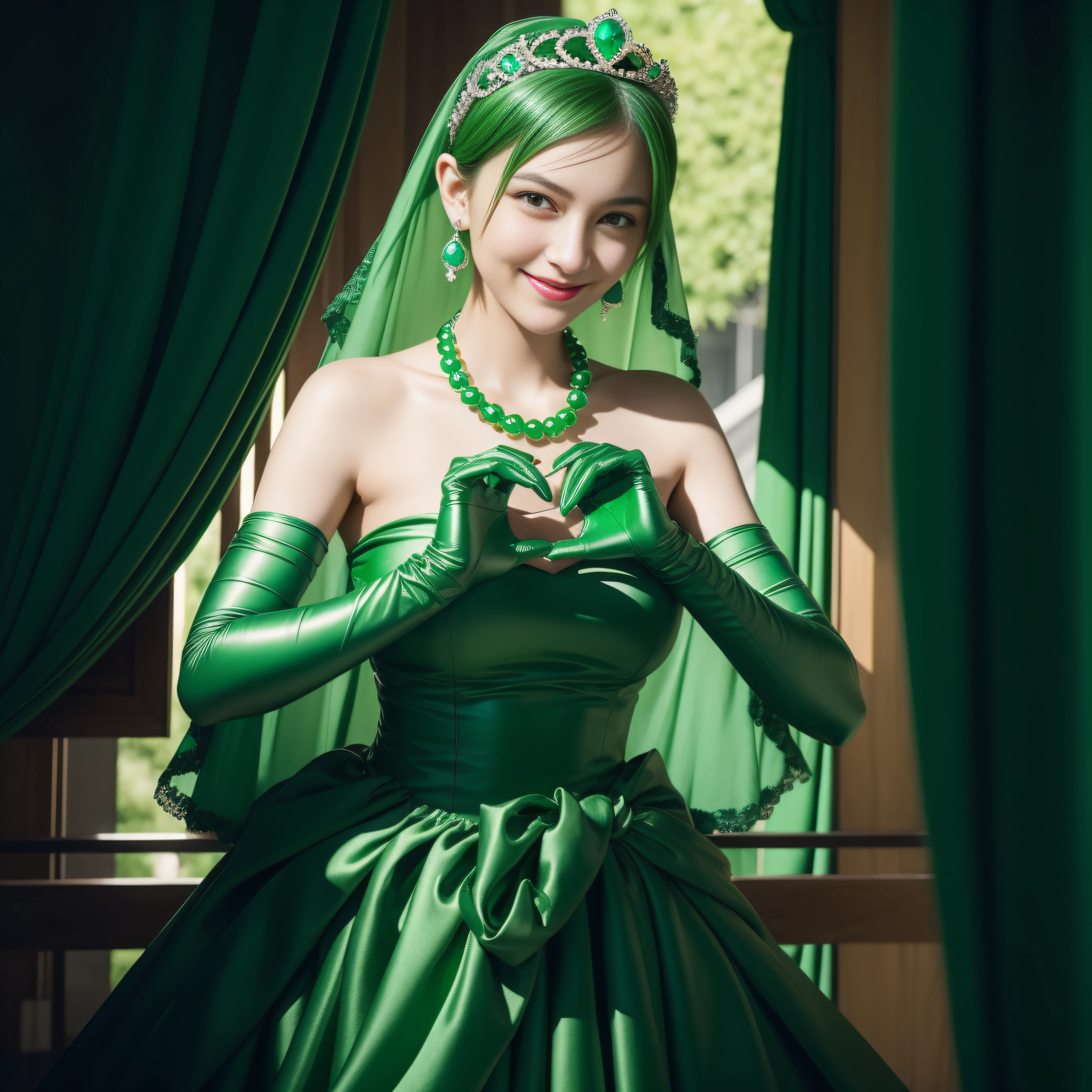 emerald tiara, Green Pearl Necklace, Boyish very short green hair, lipsticks, Japan woman smiling, very short short hair, big breasts beautiful, Green eyes, Long green gloves made of satin material, Green eyes, Emerald Earrings, green vale, Heart with both hands