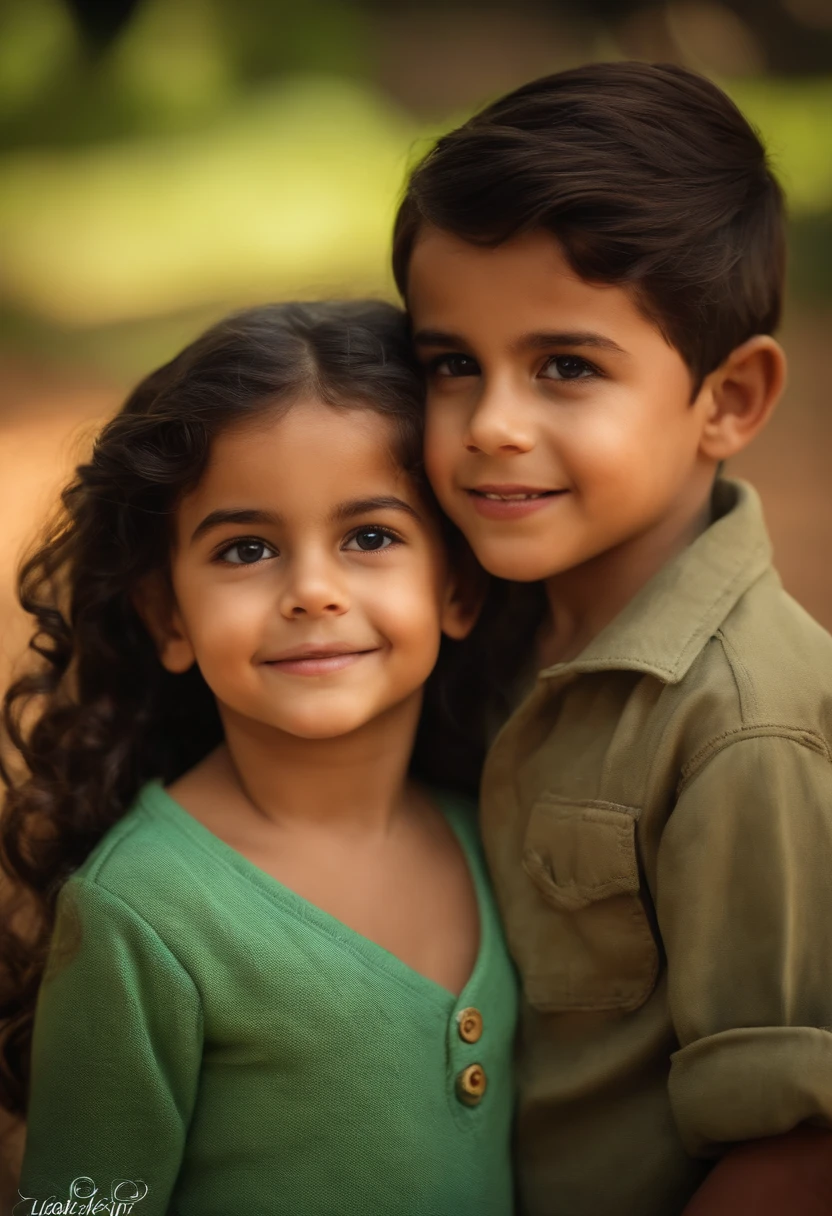 : Miguel, aproximadamente 5 anos de idade, cabelo curto estilo Disney, olhos castanhos e sorrisos. garota: Giovana, 2 anos, longos cabelos pretos e olhos azuis. scenecy: Miguel and Giovana are in a cozy little house in the valley, ao fundo um dia ensolarado, Destacando o Sol.