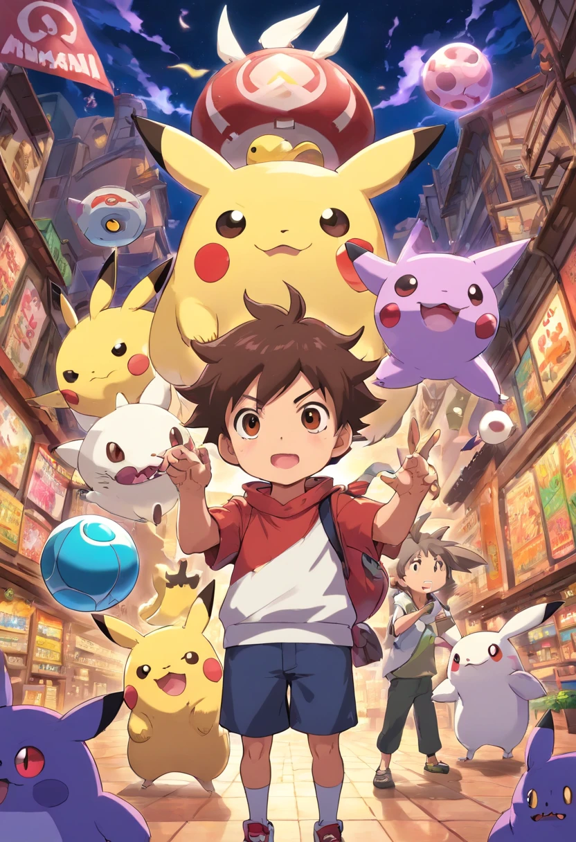 heitor, 1 , Foco masculino, cabelos e barbas castanhos, Brown eyes holding a poké ball. Mimikyu, Hoopa and Gengar stand on his shoulders, in a Pokémon gym, rosto detalhado, sorrindo.