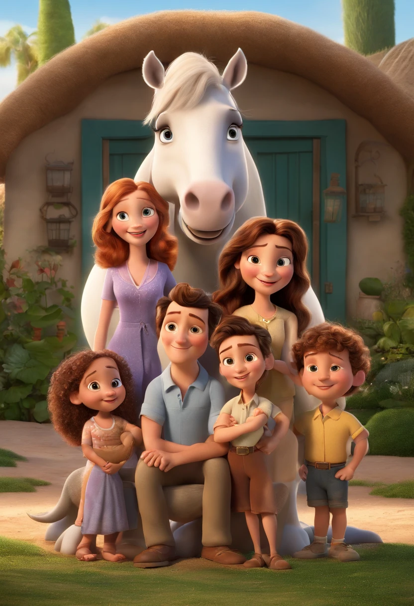 a Disney Pixar movie poster showing a white-skinned family. The father is the tallest, Tem barba curta, loiro, cabelos curtos e espinhosos. The mother has brown eyes and hair, shoulder-length and is slightly overweight. A menina tem 4 anos e cabelos castanhos, roupa rosa e rabos de cavalo. The background is a beach garden. 3D-rendering