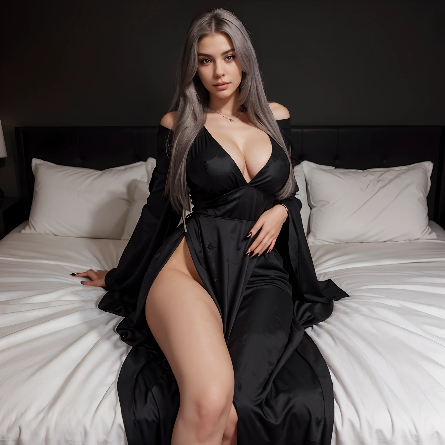 beautiful model, silver hair, brown eyes, long hair, hourglass waist, wide legs, medium breasts, big buttocks, posing on a bed, long black dress, sexy, black painted nails, necklace
