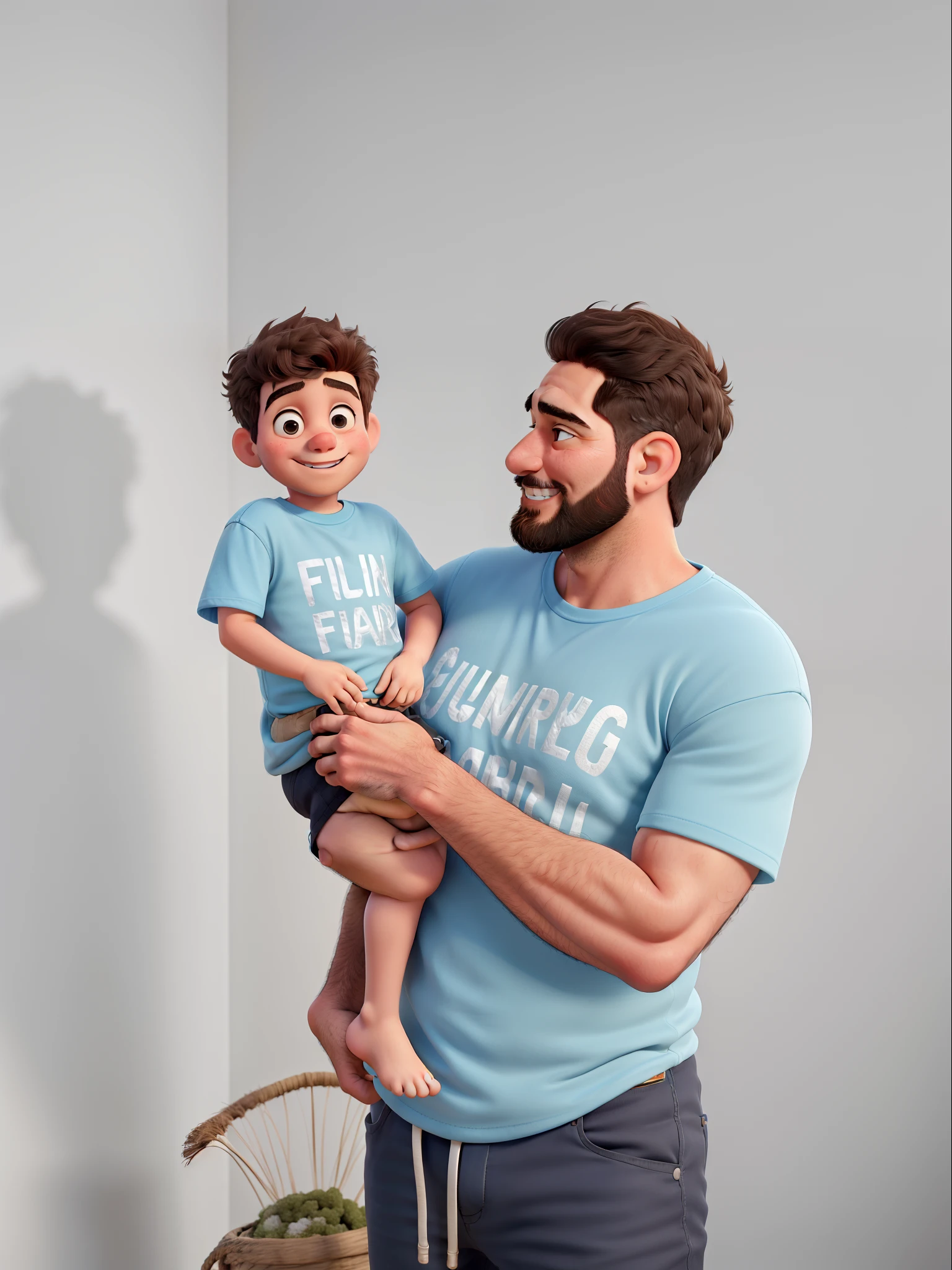 Pai segurando filho no colo, pai sorrindo, Father with medium-sized beard. Filho com cabelos cacheados