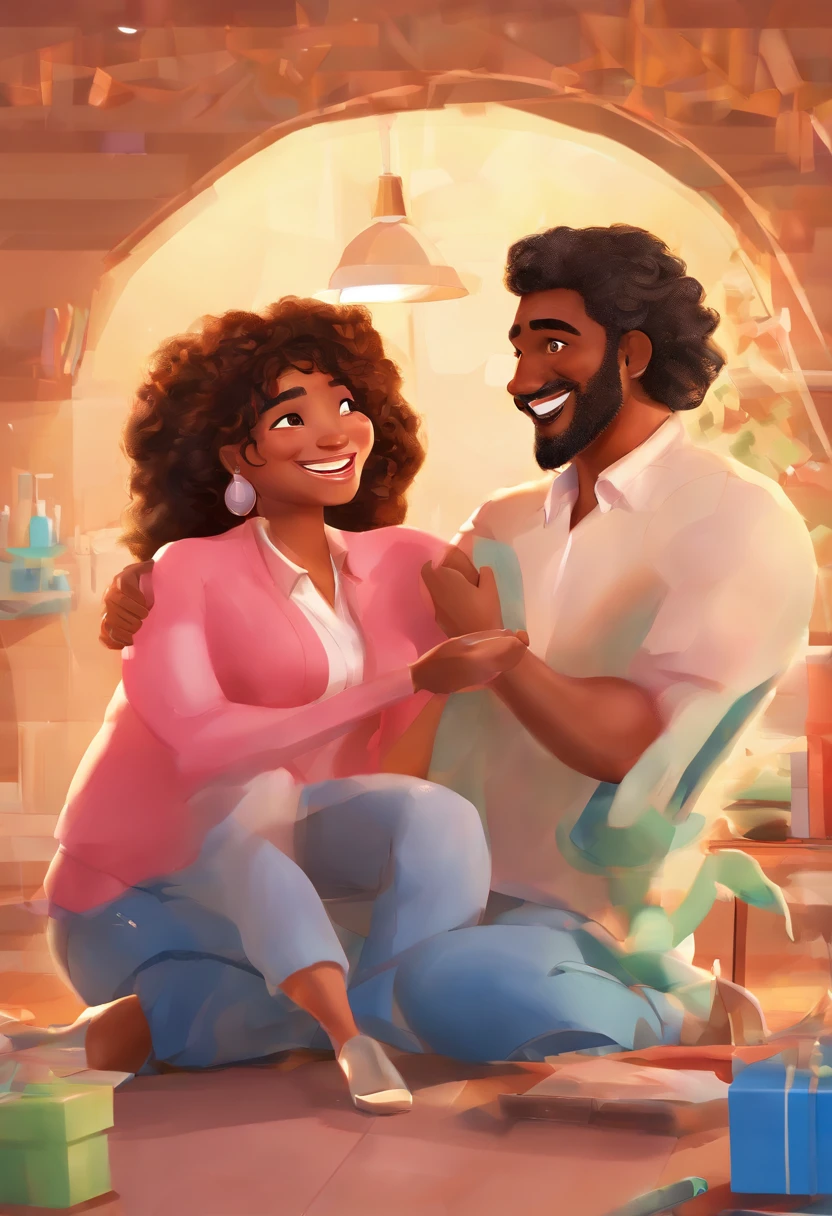 An illustration of a father and daughter, a filha tem 11 anos, loira, veste uma blusa preta e um short jeans. She's hugging her father, um homem de barba, bespectacled, gordo, cabelos negros, And they're both very happy