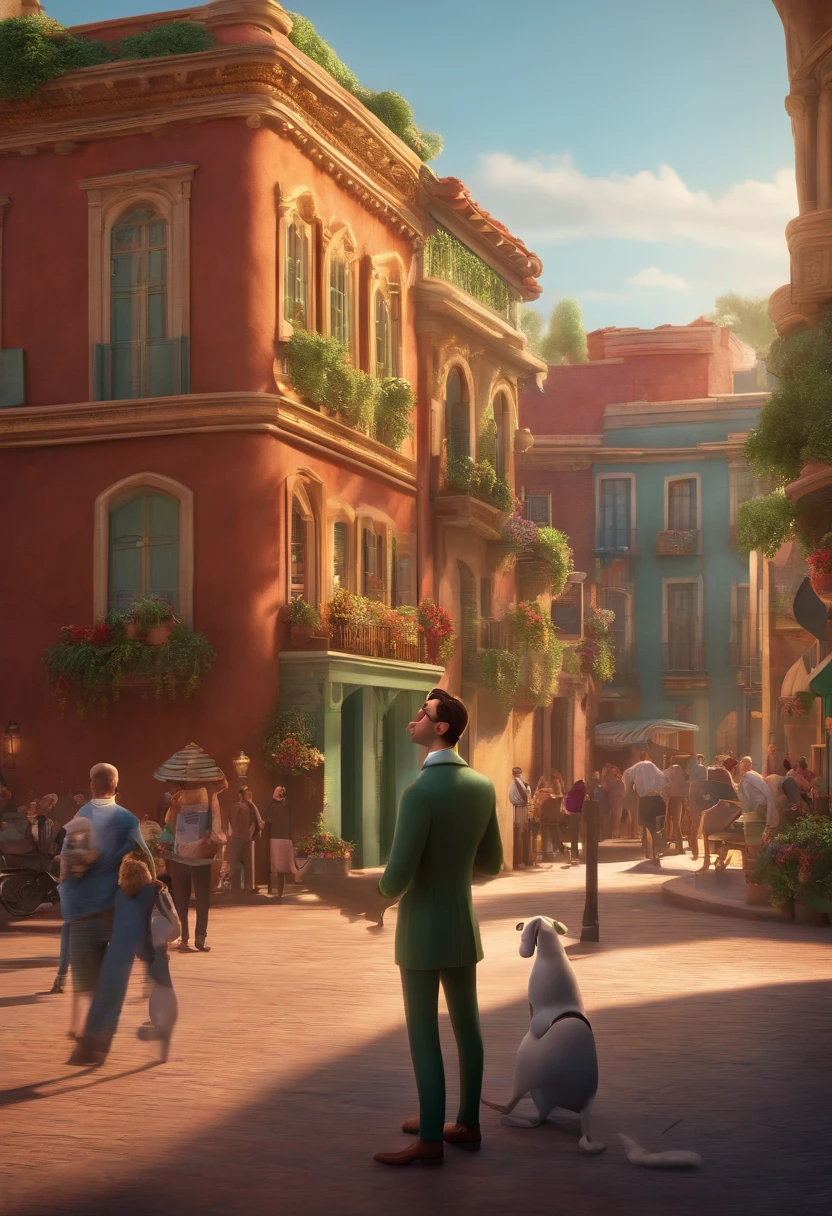 A city councilman looking at a dream project inspired by Pixar animation, de perto. The character takes center stage with captivating facial expressions, oferecendo um toque de irrealidade