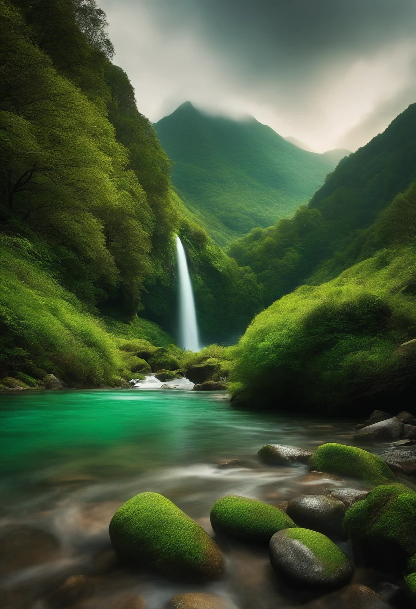 fantasia, cabelos longos, garota, olhos grandes, Green Mountains and Green Water,