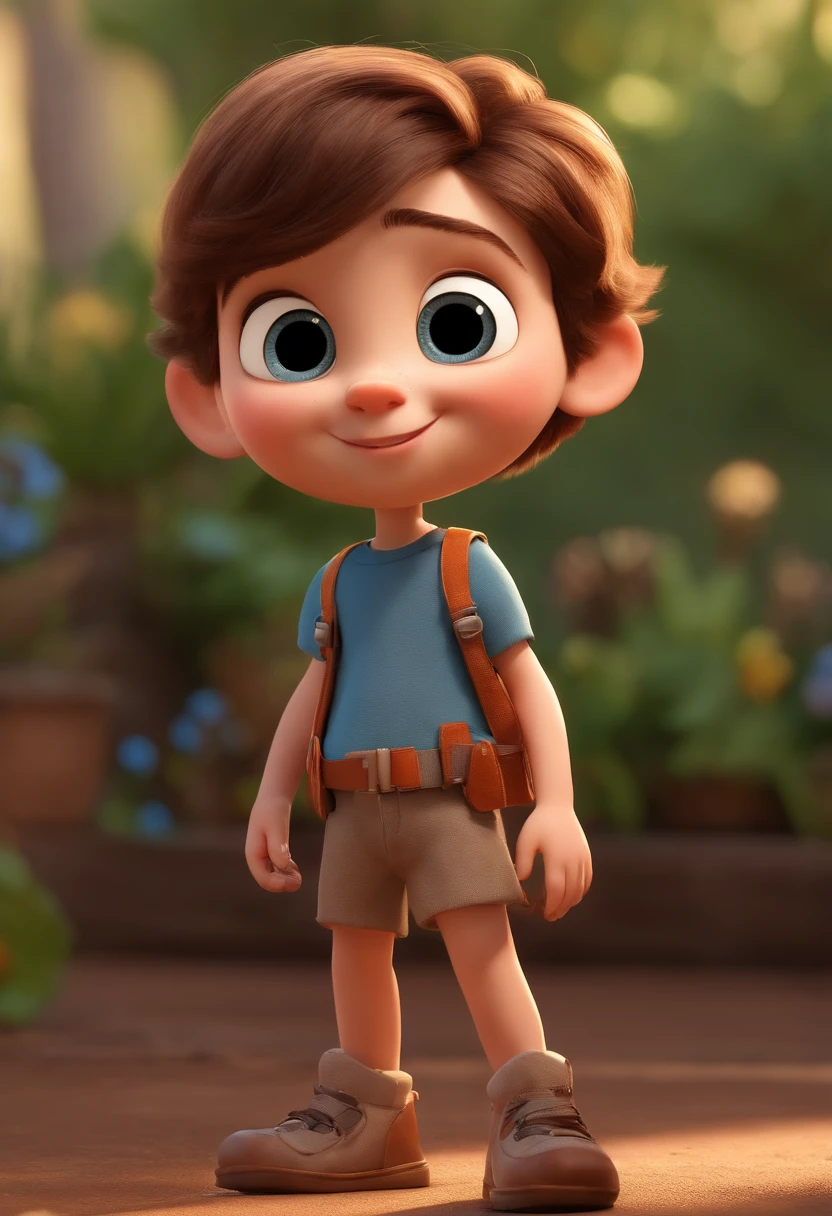 A happy cute boy standing short hair with dark blue cap , vestindo uma camisa azul , , fundo branco, barnet, Tom, Estilo Pixar, ......3d, desenhos animados, rosto detalhado, asymmetrical 16k
