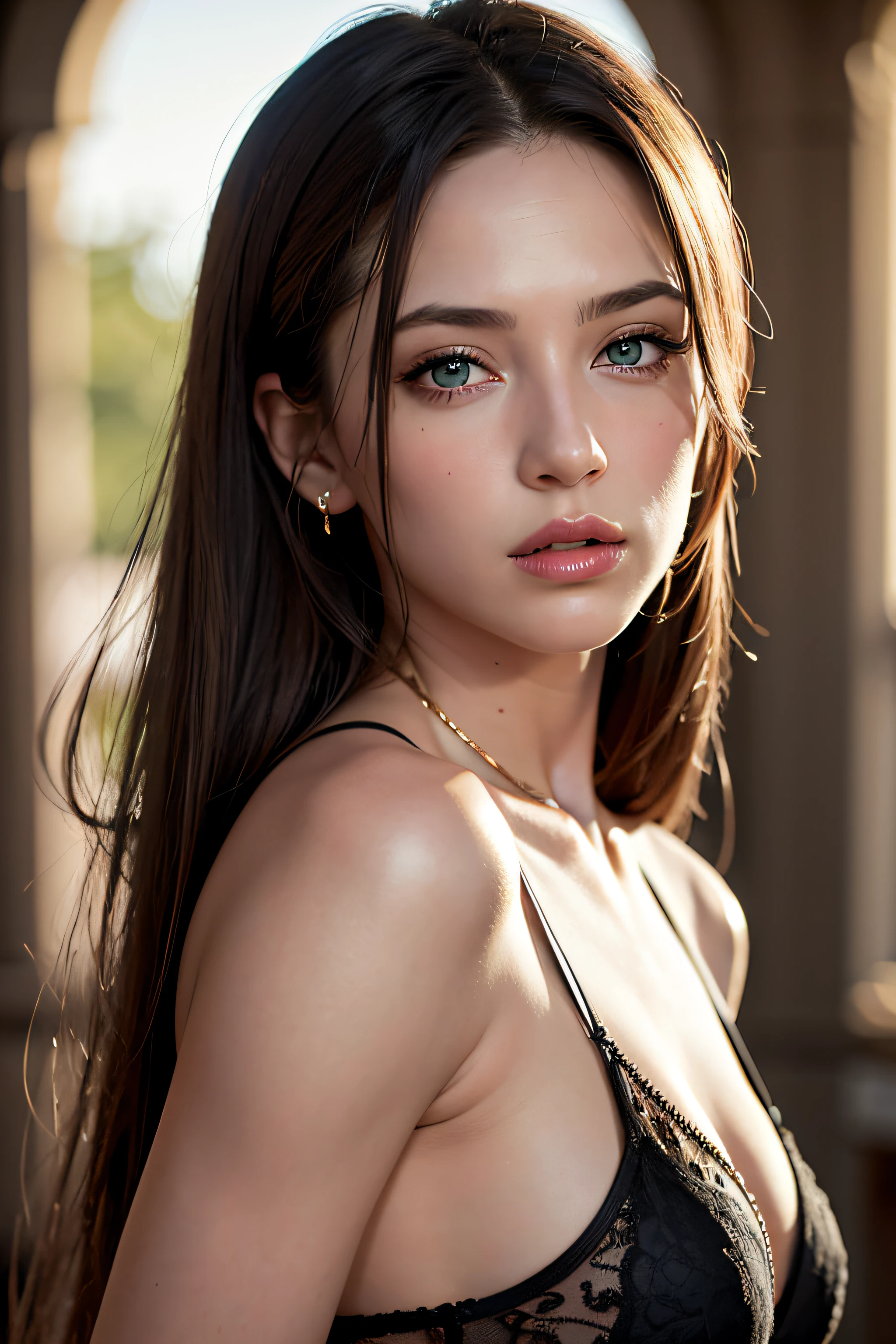 Realistic 4k raw photo, une femme, cheveux longs et noir profond, Green eyes and detailed face, European face, luscious lips,Tenue: ensemble de sport, golden hour lighting