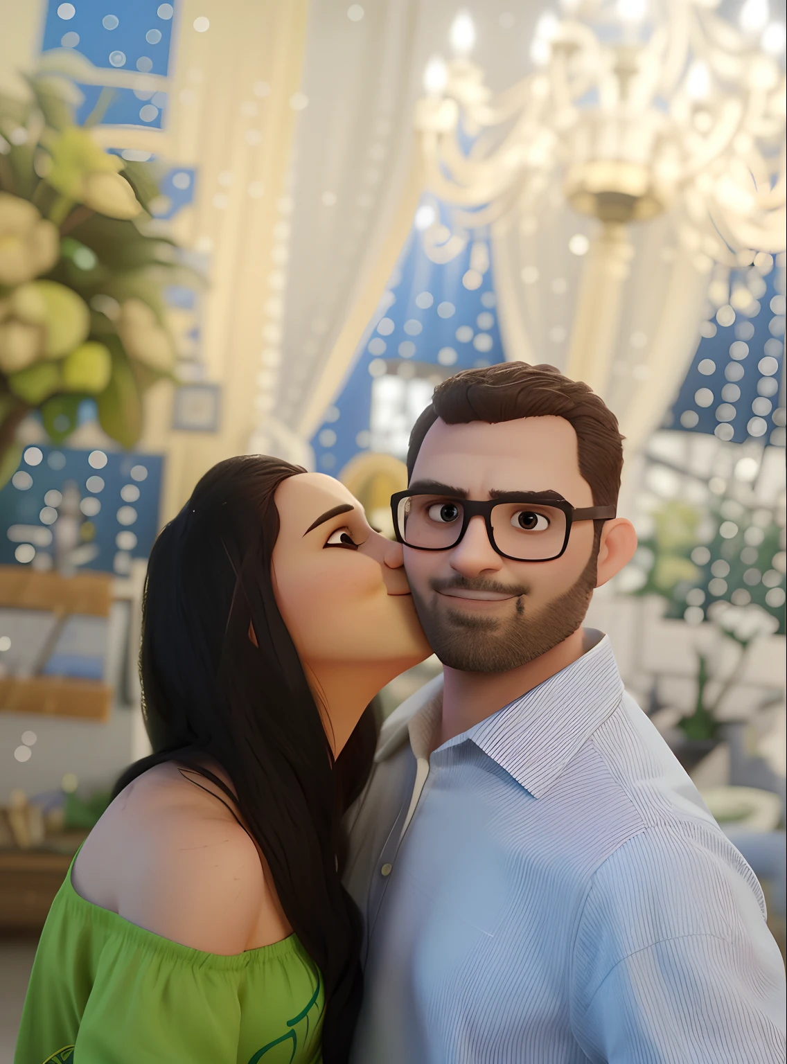 Retrato de um casal de namorados, com roupa debranca, meio corpo, olhando para o telespectador, sorrindo, estilo chibi, cenario de Paris , fundo desfocado, profundidade de campo, detalhado, desenho animado, desenho com tracos do desenhista alex ross, unreal engine, 8k