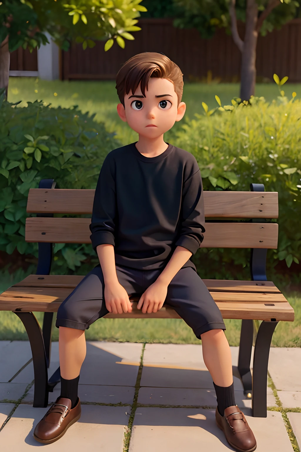 A imagem mostra um menino sentado em um banco de madeira, which is located near a fence. The boy is wearing a black shirt and appears to be looking at the camera. The bench is positioned in the middle of the scene, com a cerca estendendo-se para os lados esquerdo e direito da imagem. The boy's posture and the presence of the bench suggest that this could be a park or a similar outdoor environment.Gere essa imagem no estilo de anima