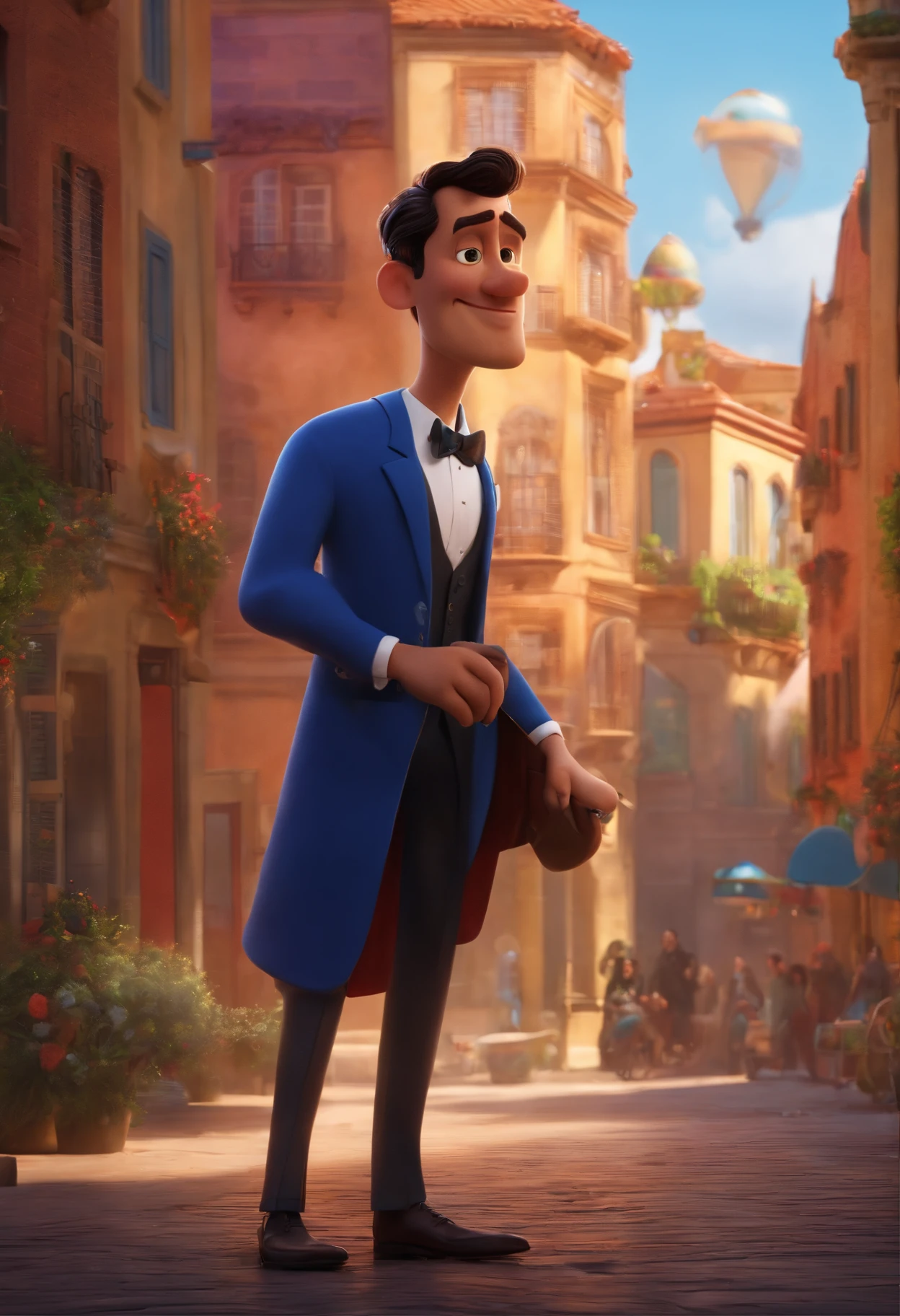A city councilman looking at a dream project inspired by Pixar animation, de perto. The character takes center stage with captivating facial expressions, oferecendo um toque de irrealidade