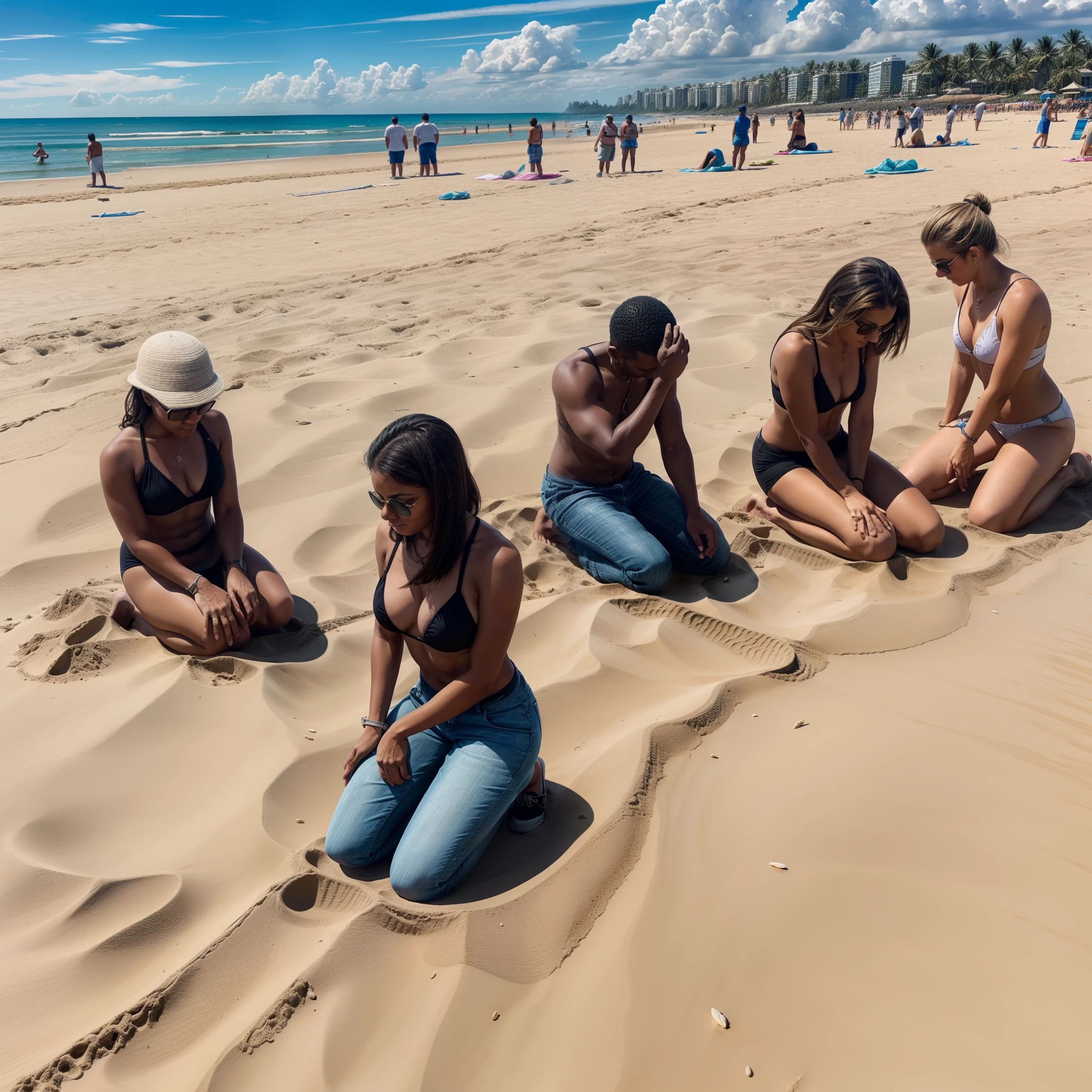 a crowd of people kneeling on a beach, their heads stuck in the sand. They can't see chemtrails in the sky. They don't care about chemtrails in the sky