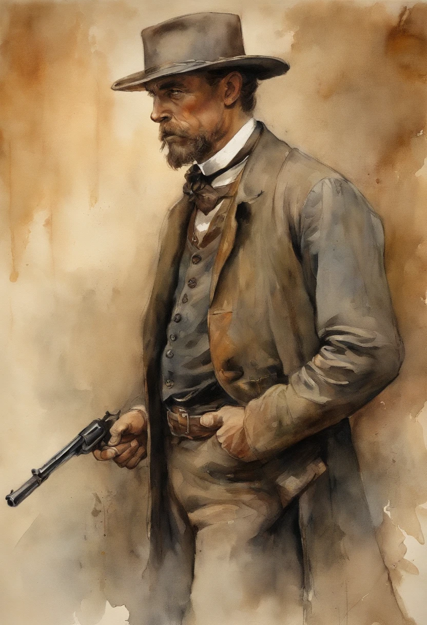 Um pistoleiro do Velho Oeste, with a determined look and a gun in his hand. The image is inspired by the works of Clint Eastwood, como "The Lone Gunslinger" e "O Bom, o Mau e o Feio". The gunslinger must have an air of mystery and danger, como se estivesse prestes a enfrentar um duelo mortal. As cores devem ser vibrantes e contrastantes,
como os de Alphonse Mucha. Os detalhes devem ser delicados e complexos, como o de Mucha;. The strokes should be thick and almost erased, como estampas de arte de rua. The lines that delimit the shapes should privilege coarser and straighter angles.