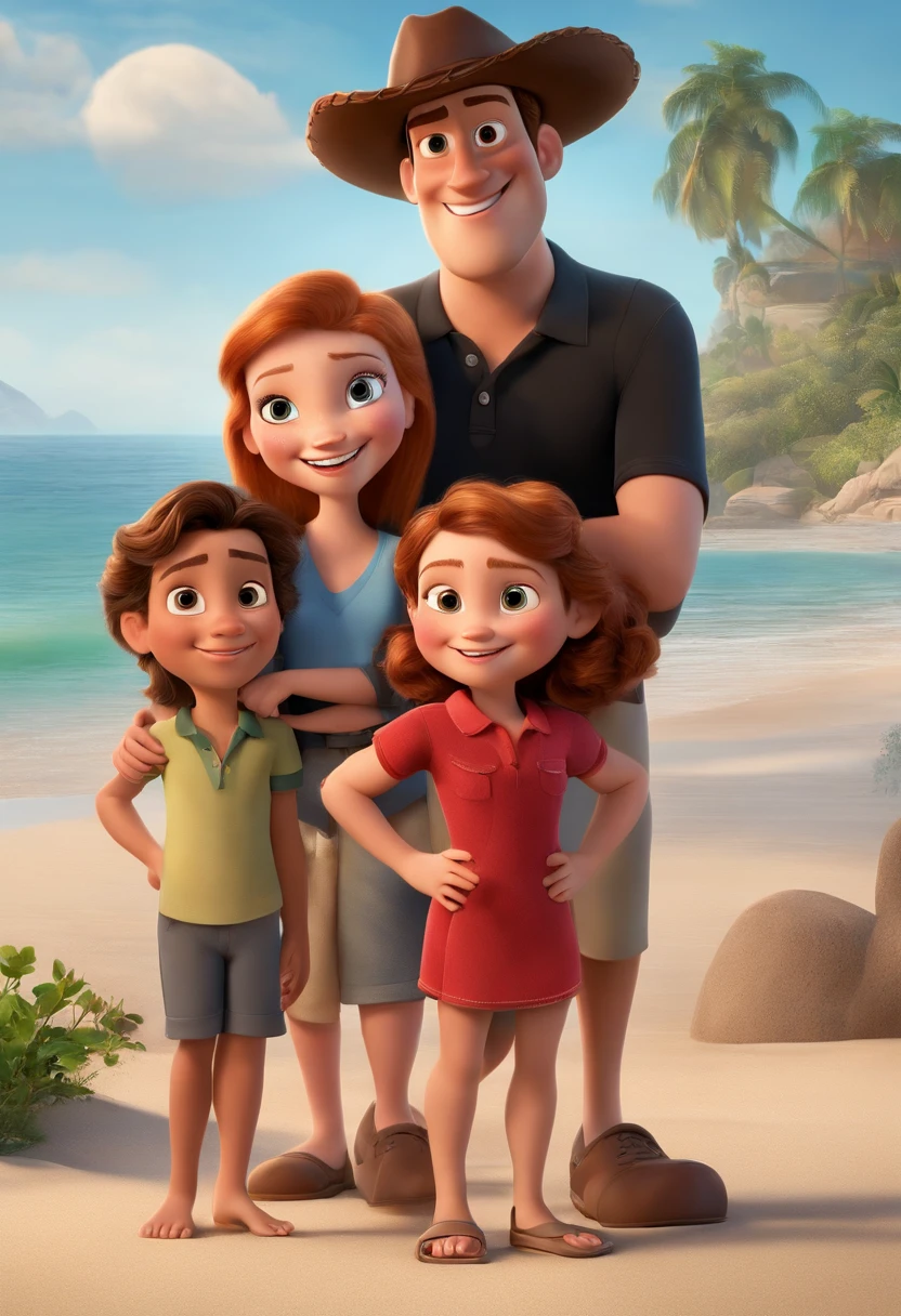 a Disney Pixar movie poster showing a white-skinned family. The mother is the shortest, The older brother is the tallest, He's wearing a black polo shirt and shorts, tem cabelos curtos. The sister is in red and has long hair and a beautiful smile. The younger brother is to the left of his mother and is also wearing a black T-shirt. The background is a beach garden. 3D-rendering