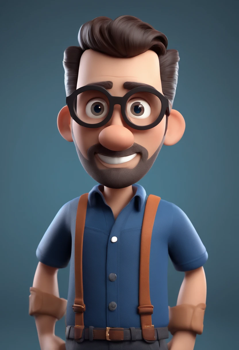 Cartoon character of a man with black glasses and a blue shirt, animation character, Caractere estilizado, animation style rendering, 3D estilizado, Arnold Maya render, 3 d render stylized, toon render keyshot, Personagem 3D, Personagem 3D, 3d rendering stylized, 3 d character render, personagem de desenho animado, Personagem de close up, Pose de personagem,  (Estilo Pixar) (master part:1.2) (Bokeh) (best quality) (pele detalhada) (textura detalhada) (8k) (argila) (Cinematic lighting) (foco nítido) barba fechada.
