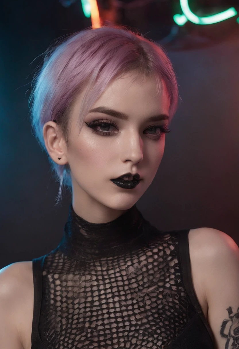 (goth girl:1.05), (goth makeup:0.9), wrestling, posing, wwe, short bob blond hair, black lipstick, naughty smile, shot with Canon EOS 5D Mark IV and Canon EF 16-35mm f/2.8L USM lens, photorealistic, bouquet, depth of field, cinematic soft lighting ultra realistic high definition skin textures,
