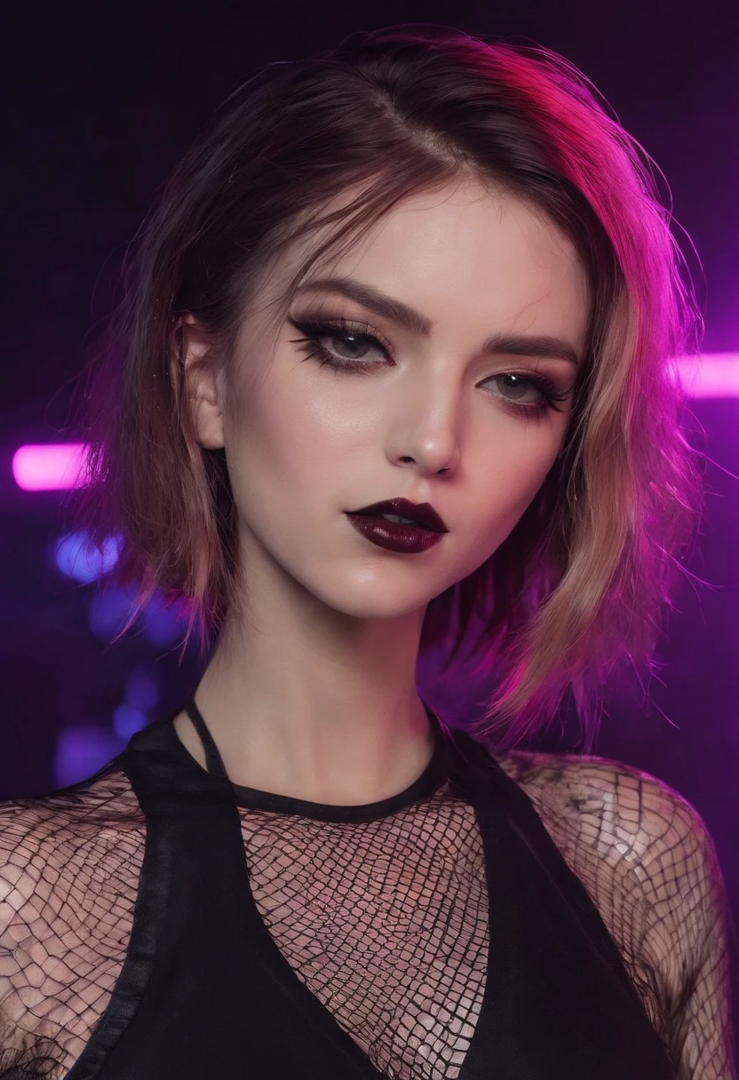 Punk woman wearing a black fishnet top posing for a photo in a club at night, night club lights, black make-up, techno aesthetic, techno fashion, neon lights, ultra detailed, masterpiece.