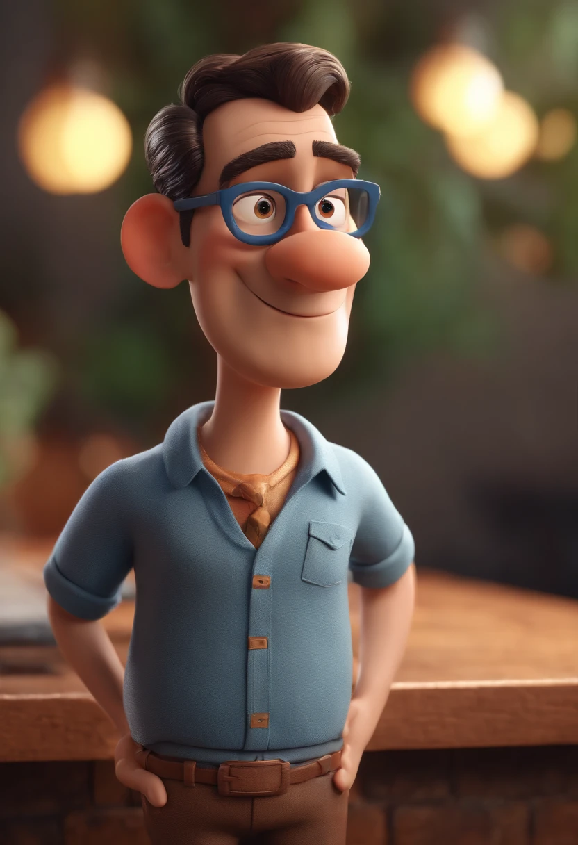 Cartoon character of a man with black glasses and a blue shirt, animation character, Caractere estilizado, animation style rendering, 3D estilizado, Arnold Maya render, 3 d render stylized, toon render keyshot, Personagem 3D, Personagem 3D, 3d rendering stylized, 3 d character render, personagem de desenho animado, Personagem de close up, Pose de personagem,  (Estilo Pixar) (master part:1.2) (Bokeh) (best quality) (pele detalhada) (textura detalhada) (8k) (argila) (Cinematic lighting) (foco nítido