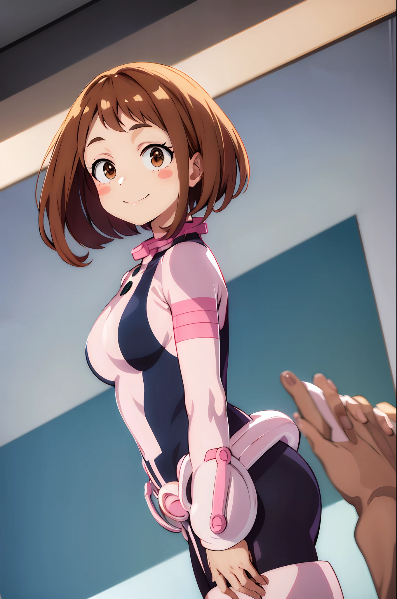 masterpiece, best quality, highres, hmochako, blush stickers, short hair, medium breasts, superhero, bodysuit, cowboy shot, standing, smile,