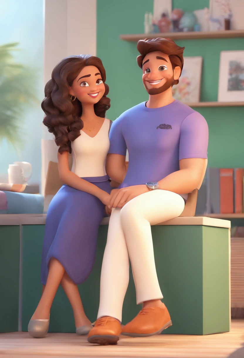 An illustration of an adorable couple, Destacando um homem branco e uma mulher negra cabelo liso, with beautiful expressive eyes – the man's skin is white and the man's hair is straight and black, while the woman's skin is black and the woman's hair is straight and brown. They are a bright room, cada um com um sorriso no rosto, e compartilhar um momento especial caracterizado pelo amor, Insights. Illustrate this scene from a perspective where they are facing the camera, Smiling and Showing Your Connection. Desenvolva esta arte em Full HD, Focus on your cinematic touch, Estilo Disney Pixar Animations