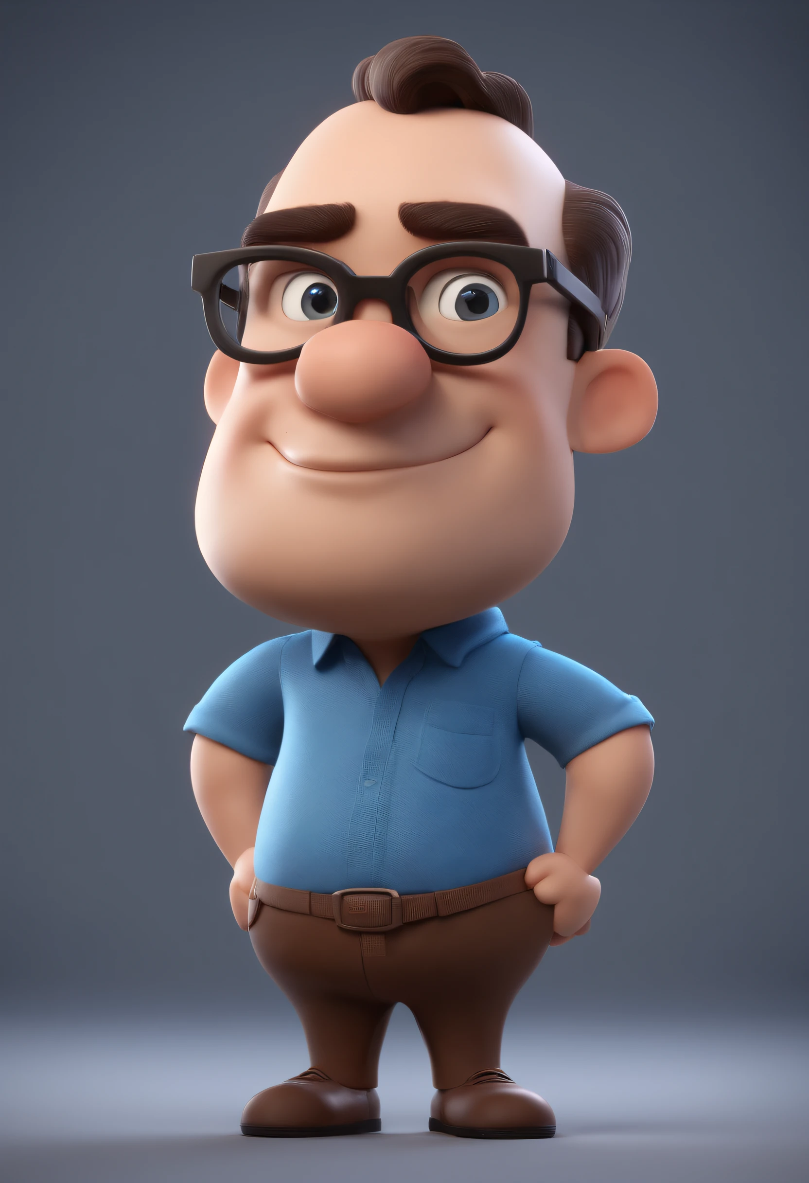 Cartoon character of a man with black glasses and a blue shirt, animation character, Caractere estilizado, animation style rendering, 3D estilizado, Arnold Maya render, 3 d render stylized, toon render keyshot, Personagem 3D, Personagem 3D, 3d rendering stylized, 3 d character render, personagem de desenho animado, Personagem de close up, Pose de personagem,  (Estilo Pixar) (master part:1.2) (Bokeh) (best quality) (pele detalhada) (textura detalhada) (8k) (argila) (Cinematic lighting) (Bald Sharp Spotlight