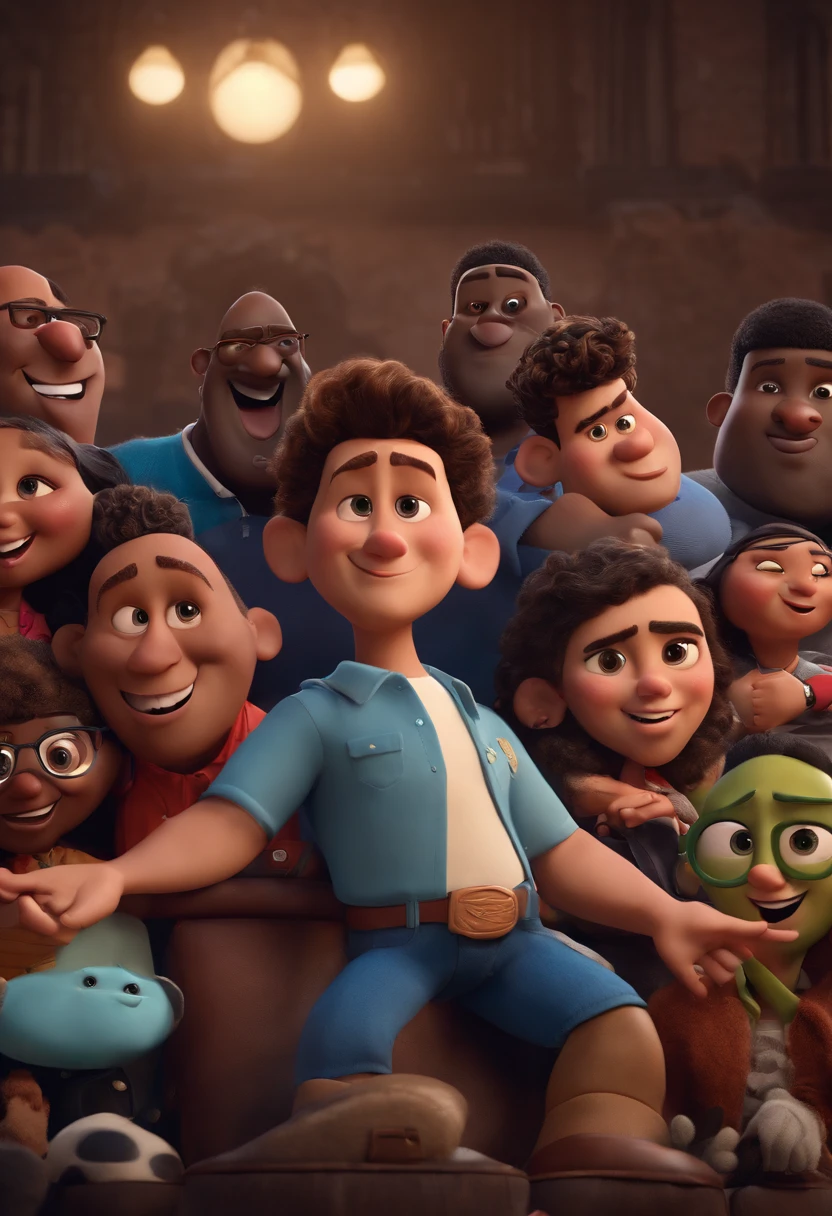 Grupo de homens brancos em fila com um homem de terno preto, como personagem dos desenhos animados, Foto promocional banda de rock, Foto de um ensaio promocional, no fundo palco, Animation Characters, animation style rendering, 3D estilizado, Personagens 3D, (Estilo Pixar) (best quality) (pele detalhada) (textura detalhada) (8k) (argila) (Cinematic lighting) (foco nítido)