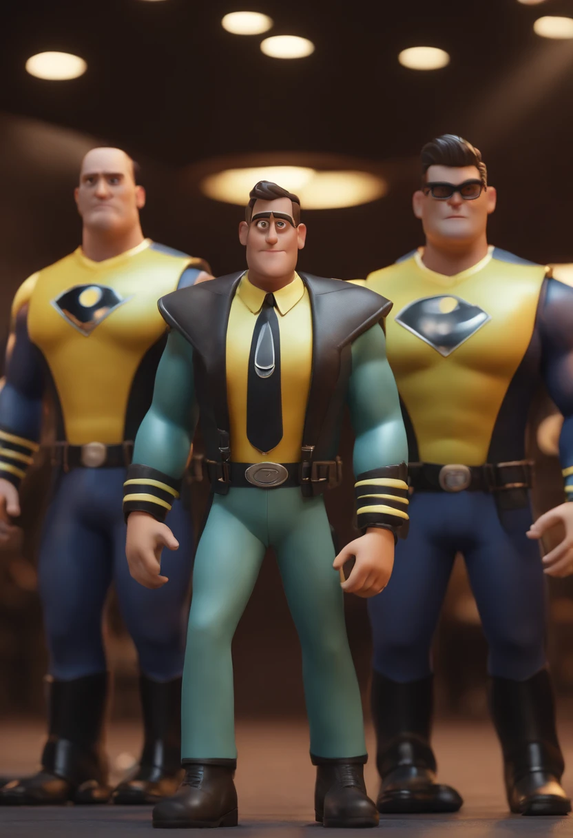 Grupo de homens brancos em fila com um homem de terno preto, como personagem dos desenhos animados, Foto promocional banda de rock, Foto de um ensaio promocional, no fundo palco, Animation Characters, animation style rendering, 3D estilizado, Personagens 3D, (Estilo Pixar) (best quality) (pele detalhada) (textura detalhada) (8k) (argila) (Cinematic lighting) (foco nítido)