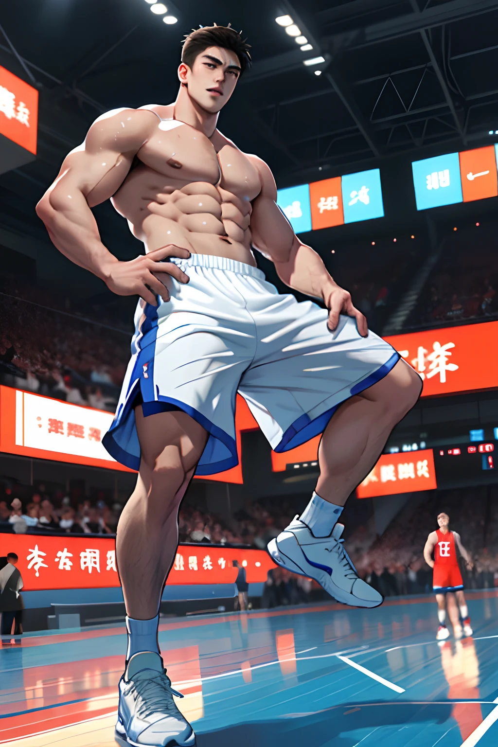 male people， Hirsutistic， Asians， curving， paleskin， sweat leggs，Basketball sports student，standing on your feet，realisticlying，A high resolution，中景 the scene is，musculous，Handsome，of a shirtless，bold and unconstrained，Chinese handsome，wide angles，photorealestic，cinematic ligh，poster for，photore，（detail in face），Handsome，whitestocking