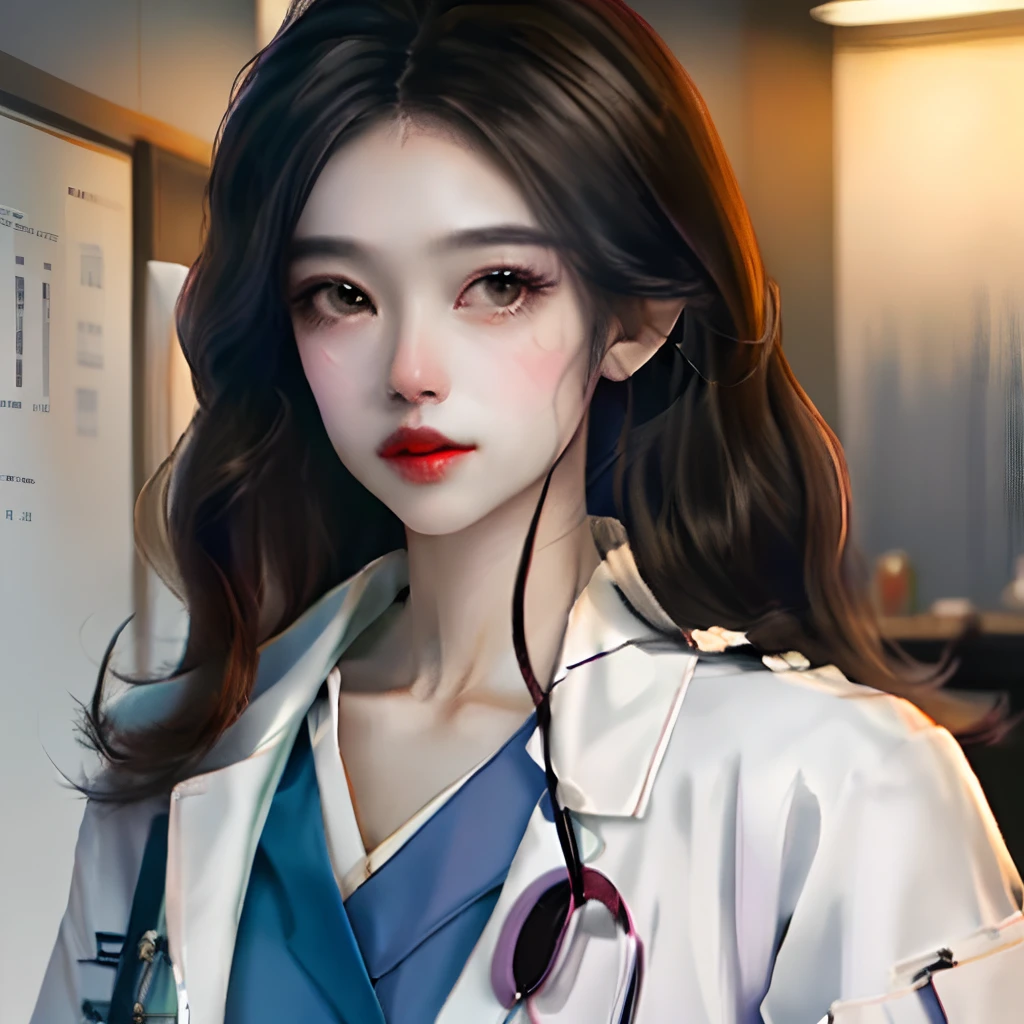 Female doctor、Psychiatrist、Black hair long hair、Center division、Manteau blanc、Real Beauty