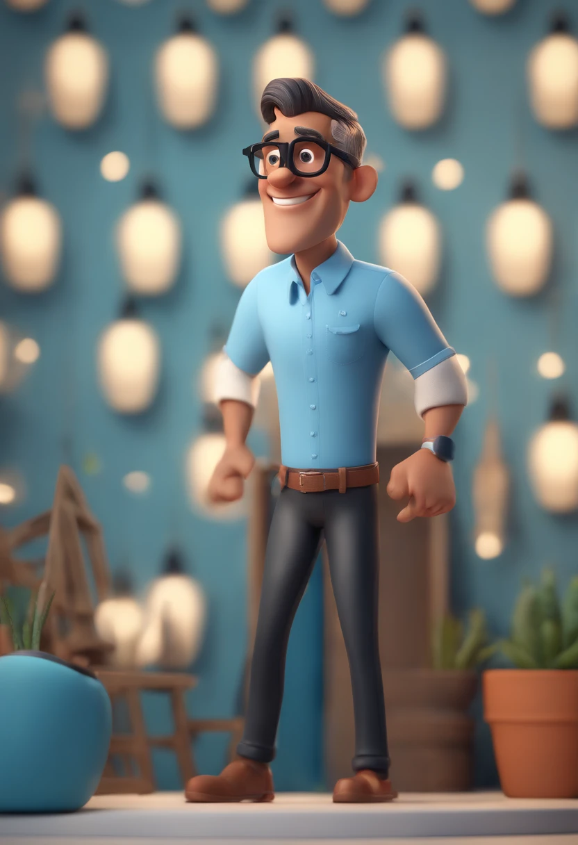 Cartoon character of a man wearing black glasses and a blue shirt, um personagem animado, Caractere estilizado, animation style rendering, 3D estilizado, Arnold Maya render, 3 d render stylized, toon render keyshot, Personagem 3D, Personagem 3D, 3d rendering stylized, 3 d character render, personagem de desenho animado, Personagem de close up, Pose de personagem, (Estilo Pixar) (master part:1.2) (Bokeh) (best quality) (pele detalhada) (textura detalhada) (8k) (argila) (Cinematic lighting) (foco nítido，Senta e vaza a parte superior do corpo