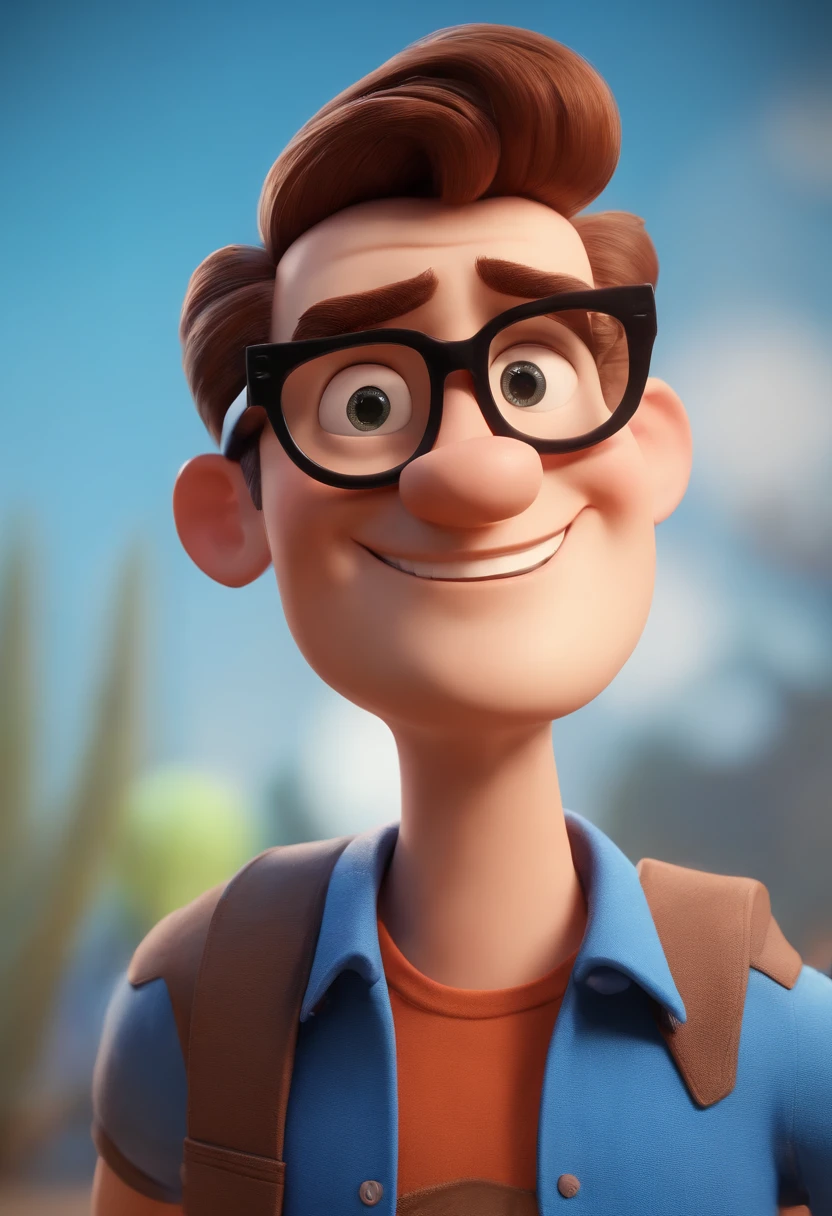 Cartoon character of a man wearing black glasses and a blue shirt, um personagem animado, Caractere estilizado, animation style rendering, 3D estilizado, Arnold Maya render, 3 d render stylized, toon render keyshot, Personagem 3D, Personagem 3D, 3d rendering stylized, 3 d character render, personagem de desenho animado, Personagem de close up, Pose de personagem, (Estilo Pixar) (master part:1.2) (Bokeh) (best quality) (pele detalhada) (textura detalhada) (8k) (argila) (Cinematic lighting) (foco nítido,Senta e vaza a parte superior do corpo