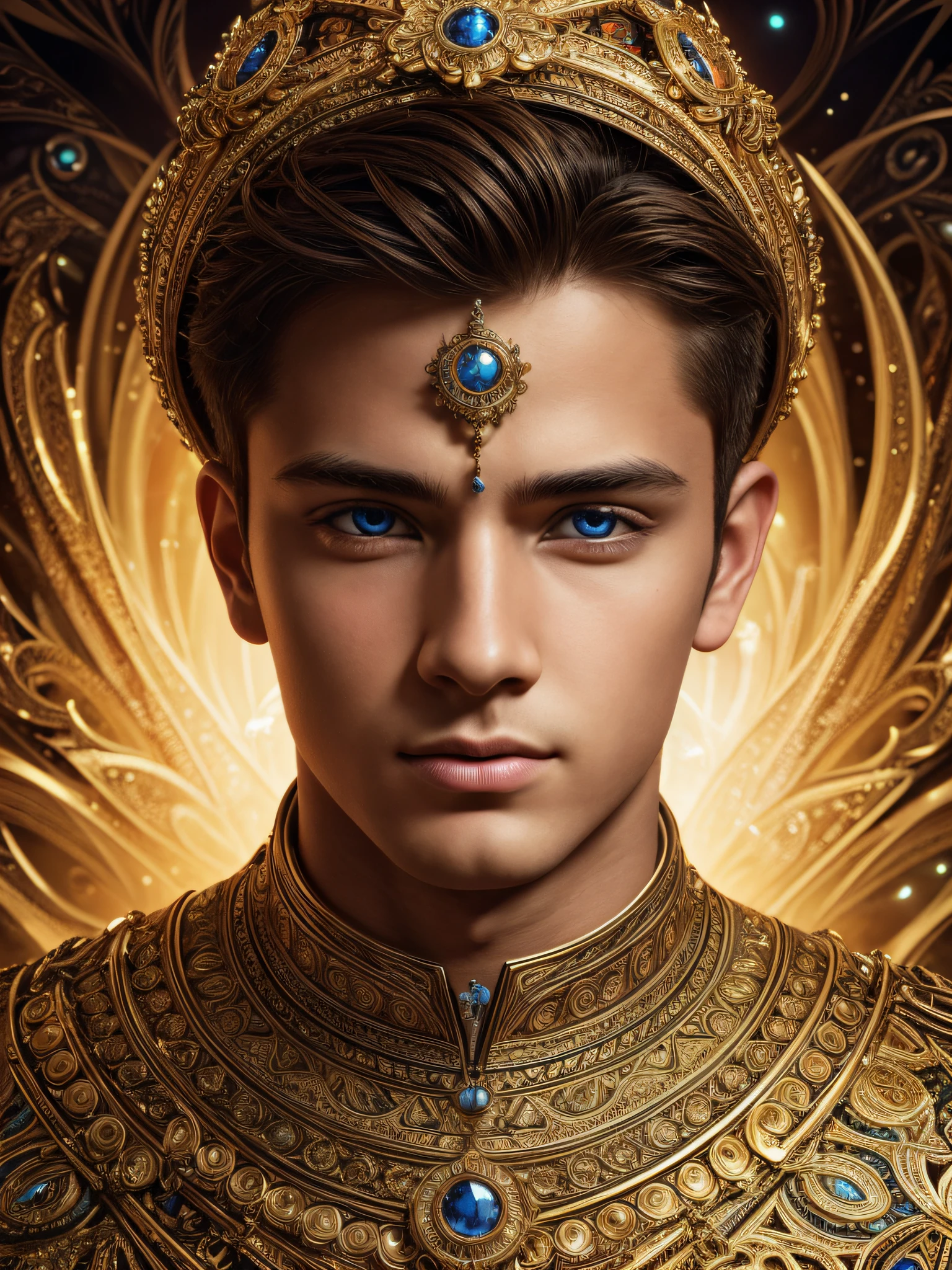 A masterpiece boy with extreme detailed features in a fractal art style, showcasing the highest level of quality and aesthetics. The artwork should be filled with vibrant and colorful visuals, reflecting the intricate details of the fractal patterns. The boy's appearance should be captivating, with attention given to every aspect of his face, such as his eyes, nose, and lips, ensuring they are beautifully detailed. The artist should strive for excellence, creating a visually stunning and breathtaking artwork. The overall style should be official and polished, resembling professional artwork. The image should have a realistic touch, with sharp focus and vivid colors that pop. The lighting should be carefully designed to highlight the boy's features and bring the artwork to life.