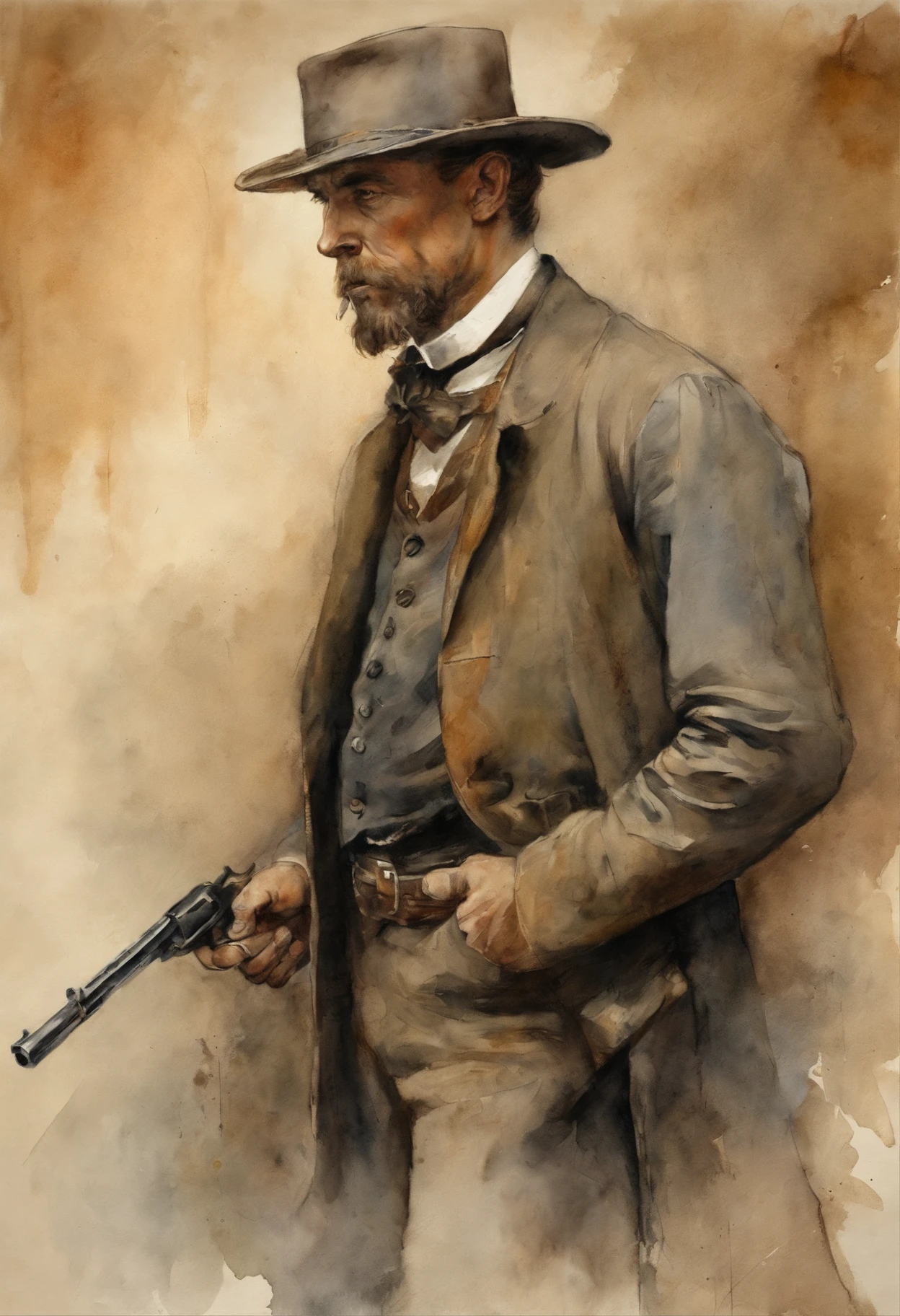 Um pistoleiro do Velho Oeste, with a determined look and a gun in his hand. The image is inspired by the works of Clint Eastwood, como "The Lone Gunslinger" e "O Bom, o Mau e o Feio". The gunslinger must have an air of mystery and danger, como se estivesse prestes a enfrentar um duelo mortal. As cores devem ser vibrantes e contrastantes,
como os de Alphonse Mucha. Os detalhes devem ser delicados e complexos, como o de Mucha;. The strokes should be thick and almost erased, como estampas de arte de rua. The lines that delimit the shapes should privilege coarser and straighter angles.