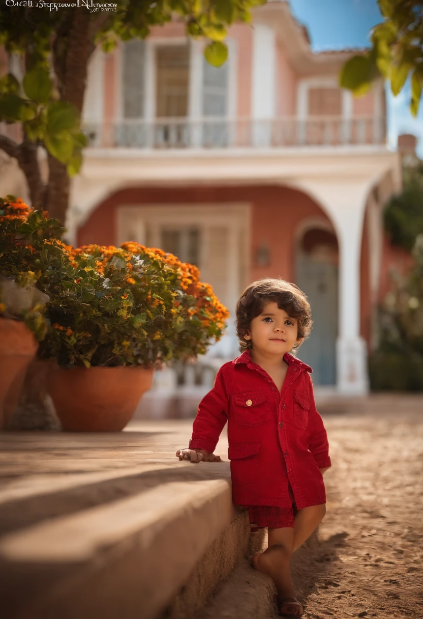 : Miguel, aproximadamente 5 anos de idade, cabelo curto estilo Disney, olhos castanhos e sorrisos. garota: Giovana, 2 anos, longos cabelos pretos e olhos azuis. scenecy: Miguel and Giovana are in a cozy little house in the valley, ao fundo um dia ensolarado, Destacando o Sol.